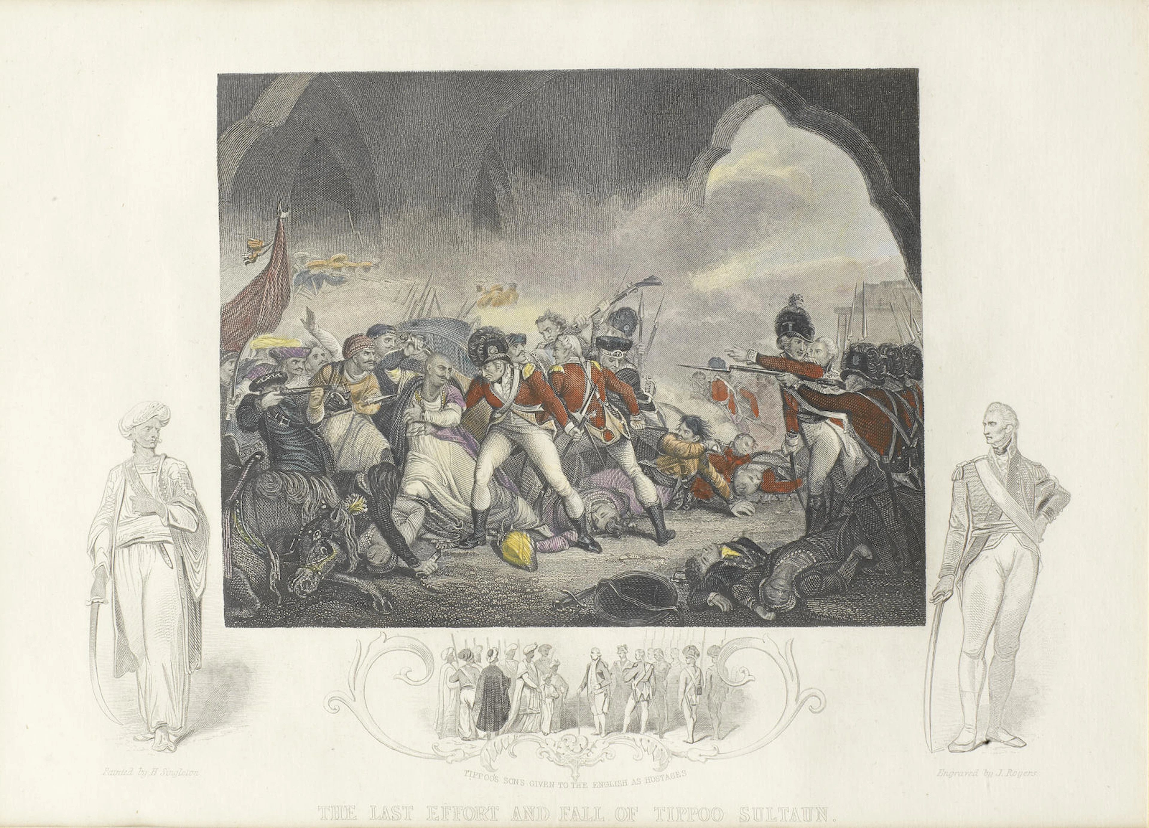 Two finely coloured hand Engravings relating to the fall of Tipu Sultan