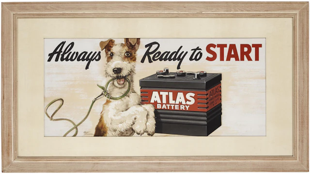 An original Atlas Batteries advertising painting by Albert Staehle, circa 1940s, 50 x 22 ins.