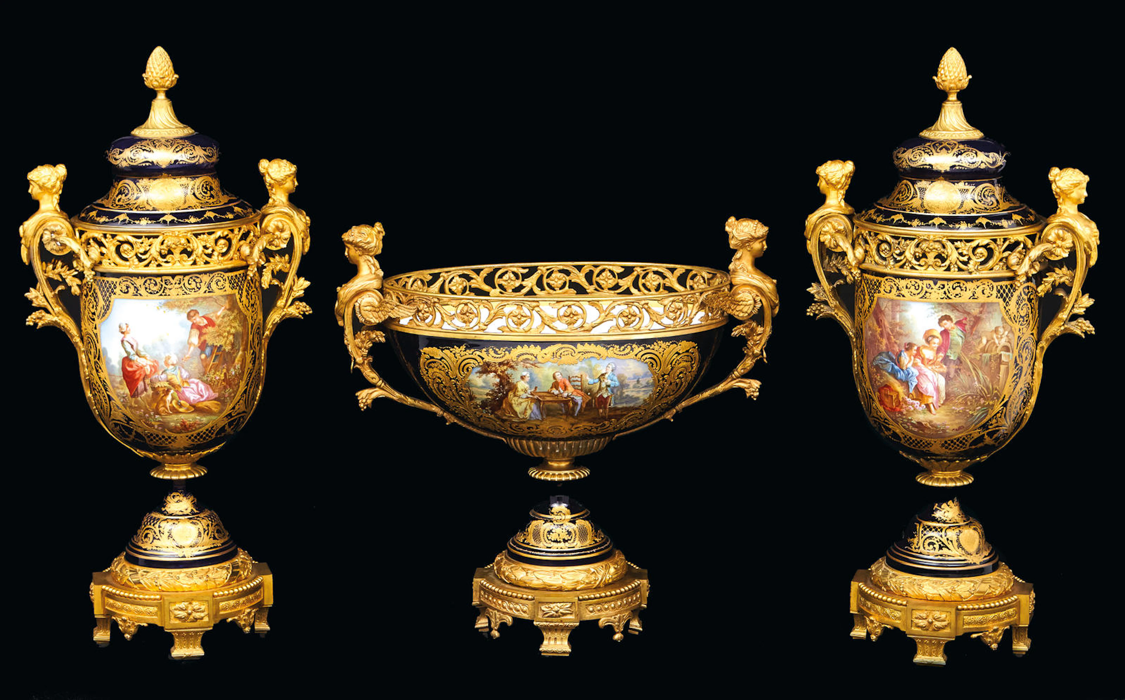 A superb Sèvres style porcelain gilt bronze mounted assembled three piece garniture signed Le Berte and Collot late 19th century