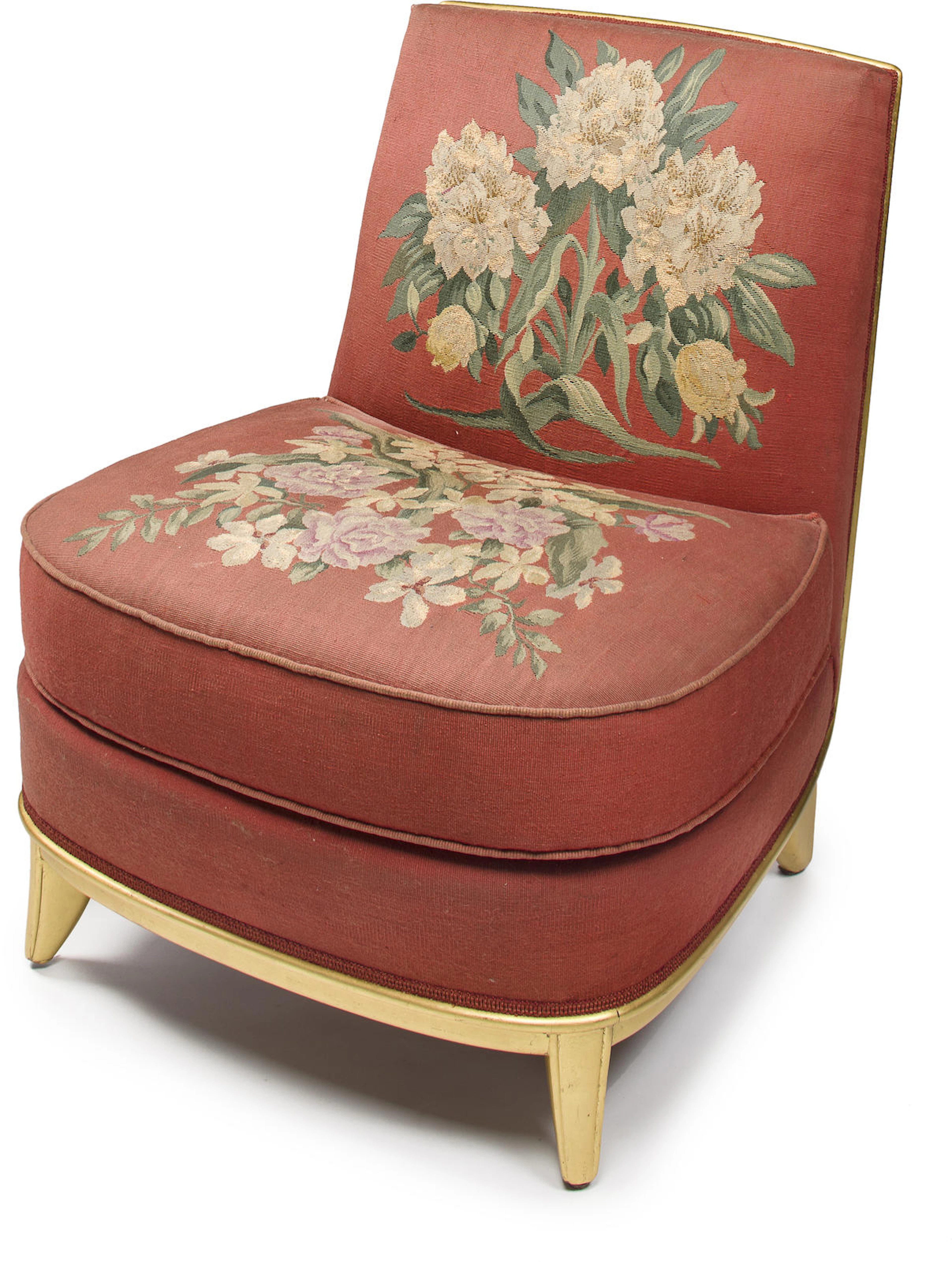 A Jean-Maurice Rothschild and Emile Gaudissart needlepoint, wool tapestry upholstered, gilt wood chair from the Grand Salon of the S.S