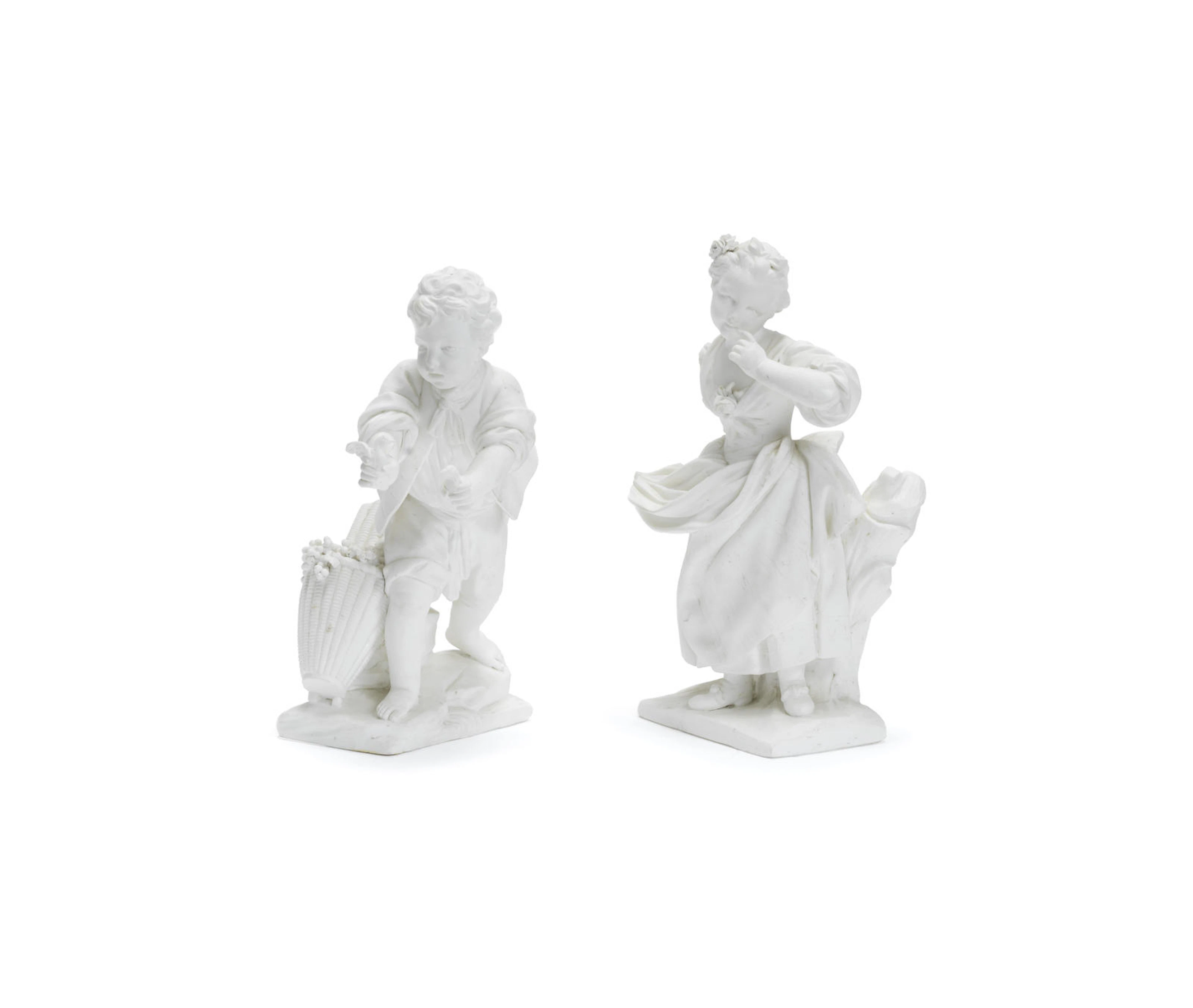 A pair of Sèvres biscuit figures of 'Le Porteur d'Oiseaux' and 'La Petite Fille à la Cage', circa 1760