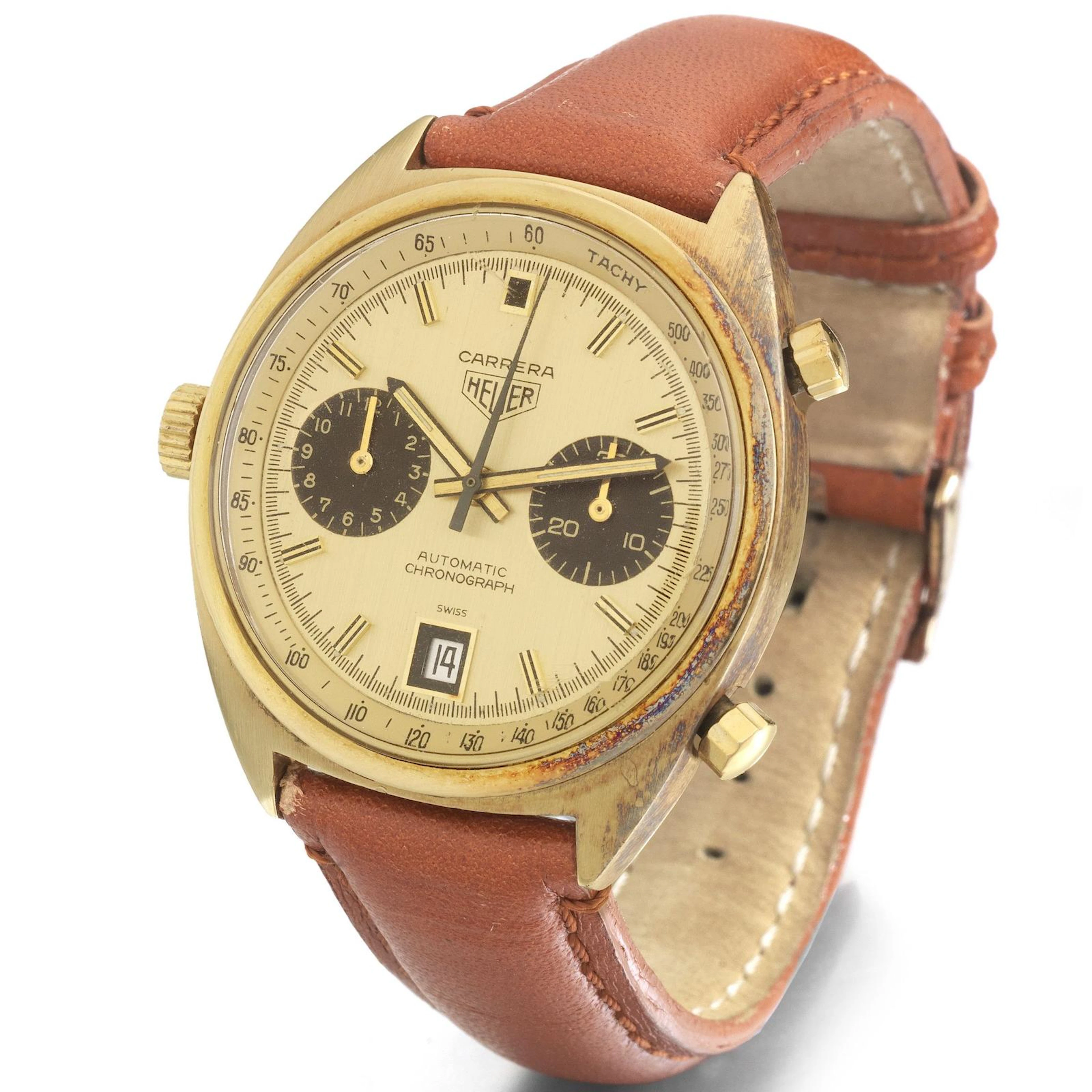 Heuer. A rare and historically interesting 18k gold automatic calendar chronograph wristwatch Carrera, Ref:1158 CHN, Case No.249226, Circa 1972