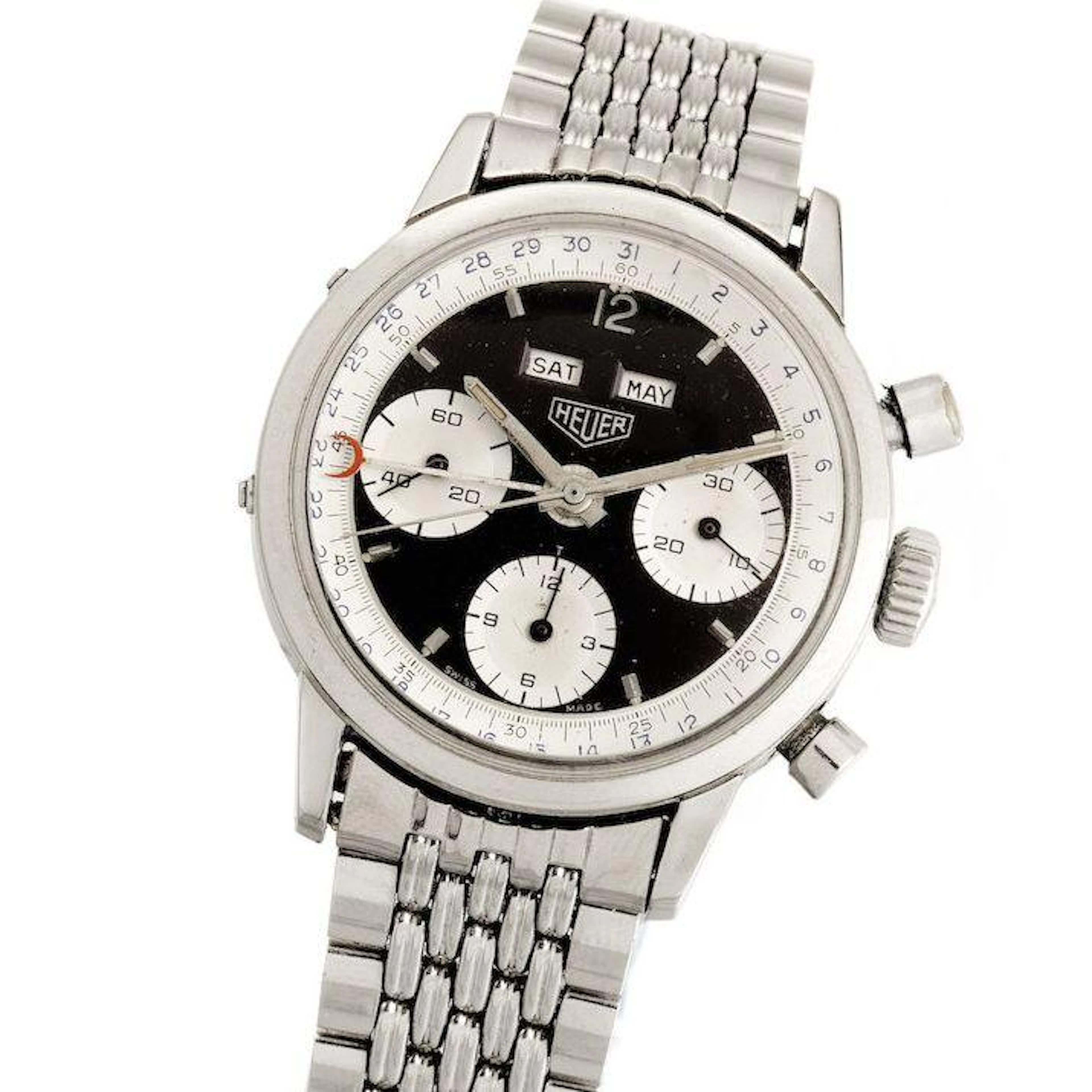 Heuer. A stainless steel manual wind calendar chronograph bracelet watch Carrera Dato, Ref:2547 N, Circa 1970