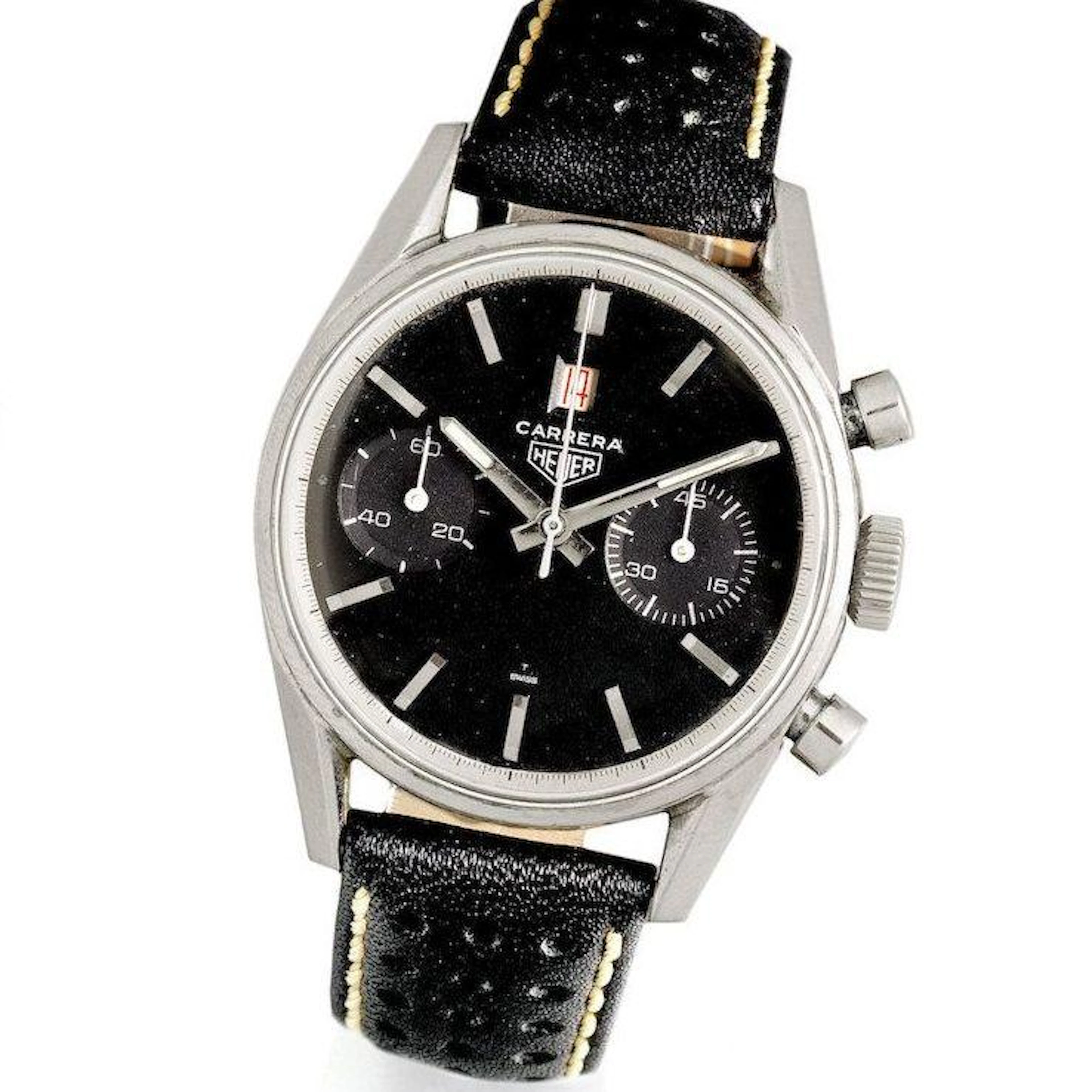 Heuer. A stainless steel manual wind calendar chronograph wristwatch Carrera, Ref:3147 N, Case No.101660, Sold 30th December 1967