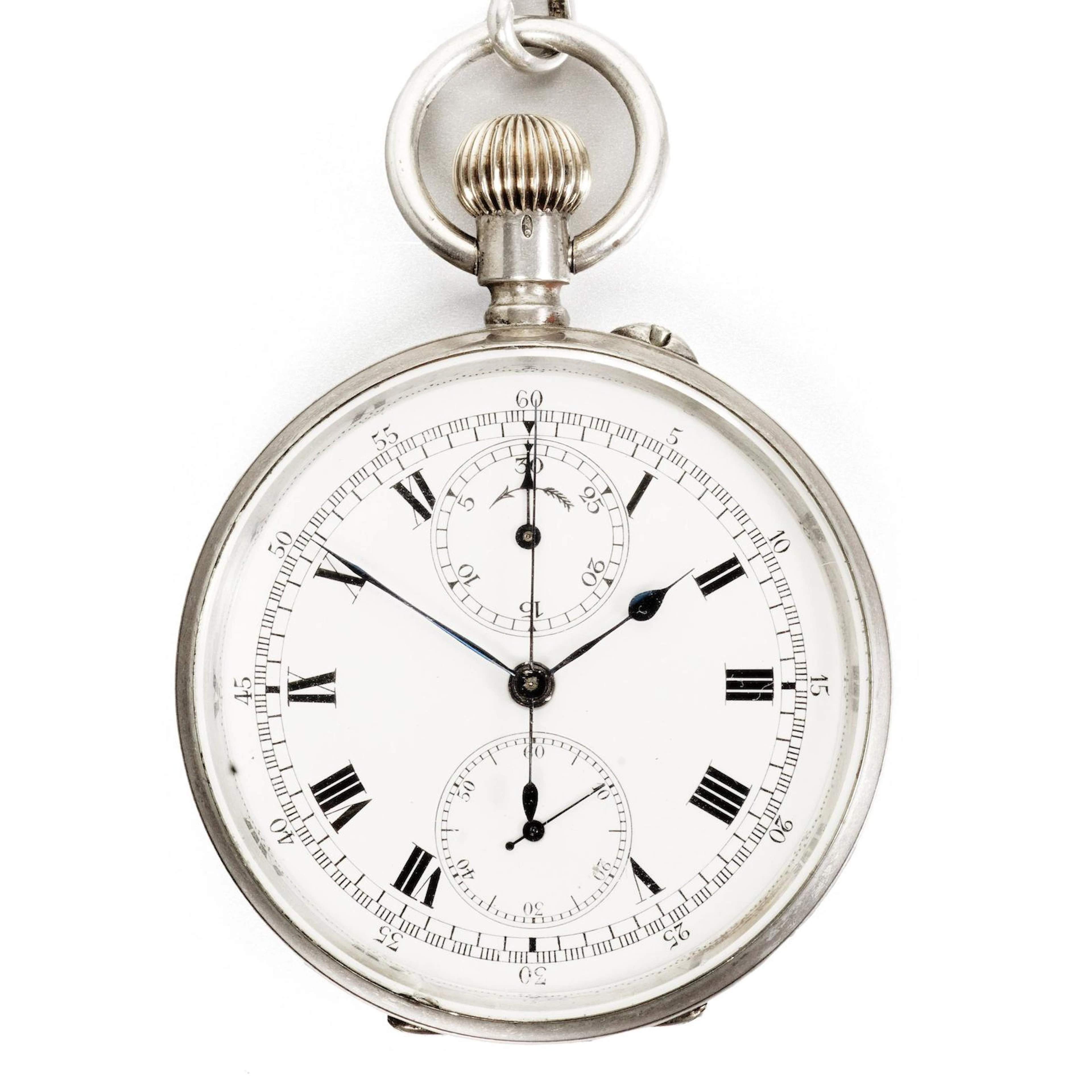 Stauffer Son & Co. A rare and historically interesting silver keyless wind open face chronograph pocket watch Retailed by Mappin & Webb, Case & Cuvette No.258056, Circa 1905