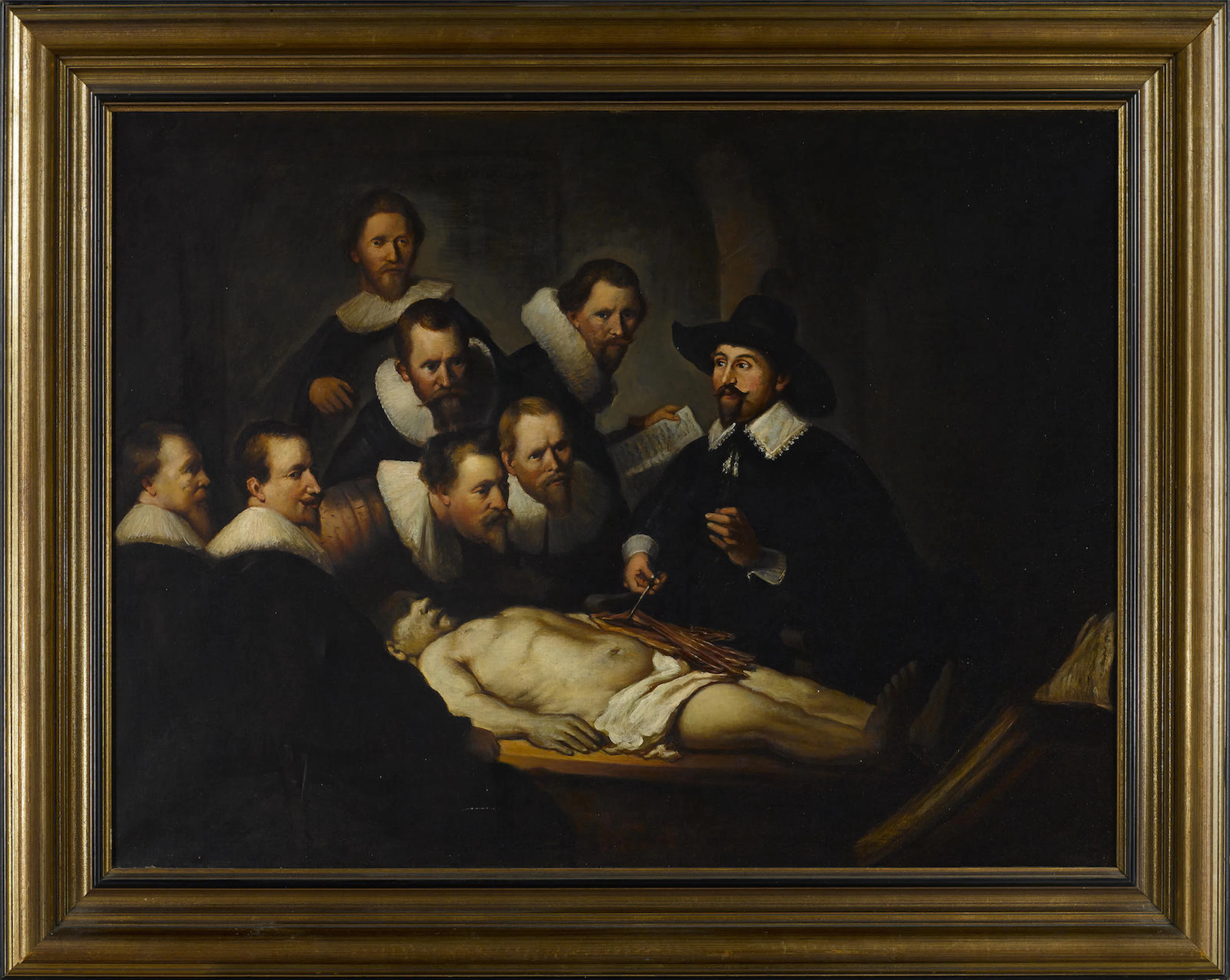 "The Anatomy Lesson of Dr. Nicolaes Tulp." Group portrait after Rembrandt Van Rijn, unattributed, oil on canvas, approx. 31 x 23½", framed to 38 x 30½", depicting a group of men watching a dissection,