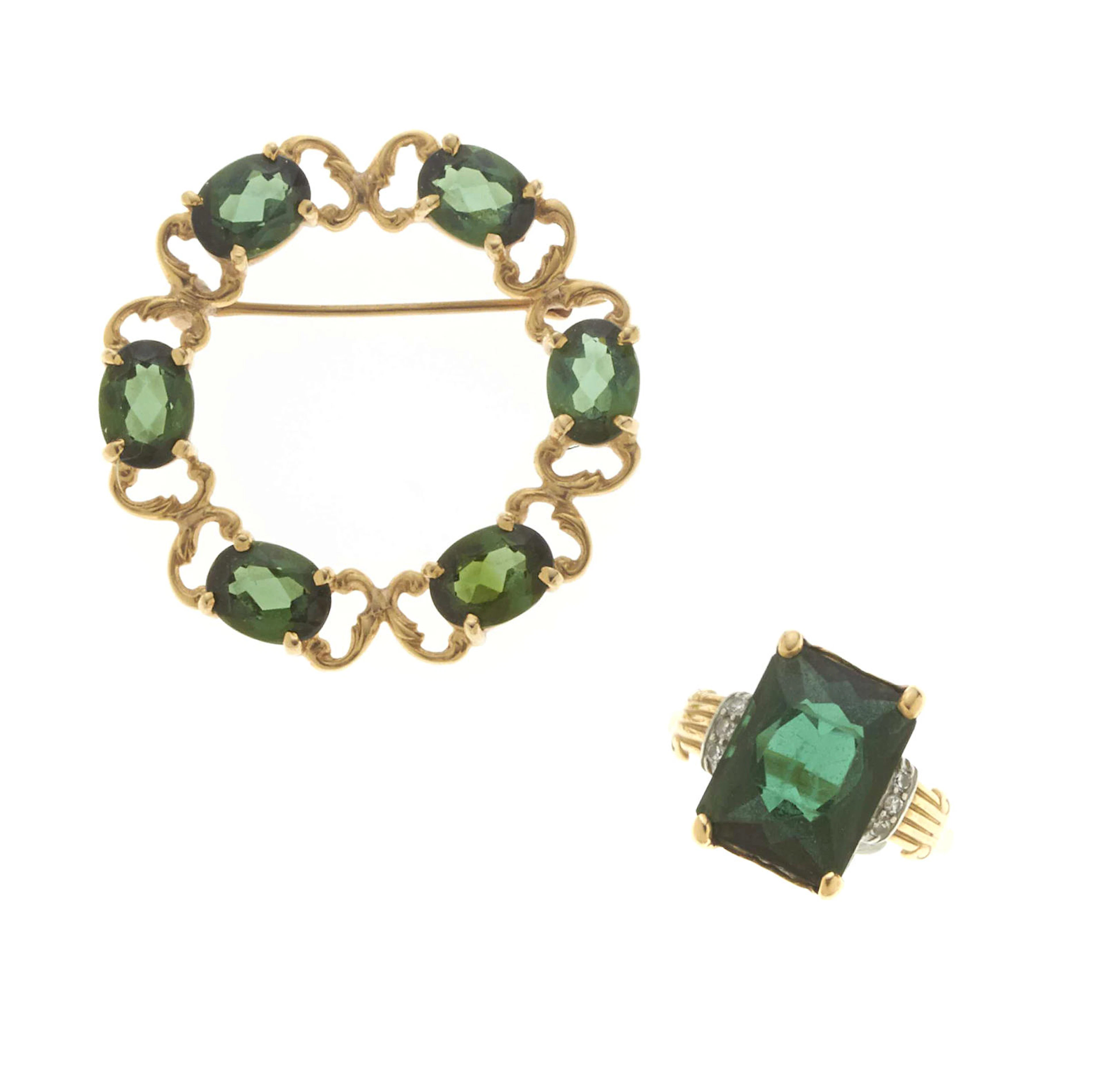 A tourmaline, 14k gold and platinum ring and circle pin