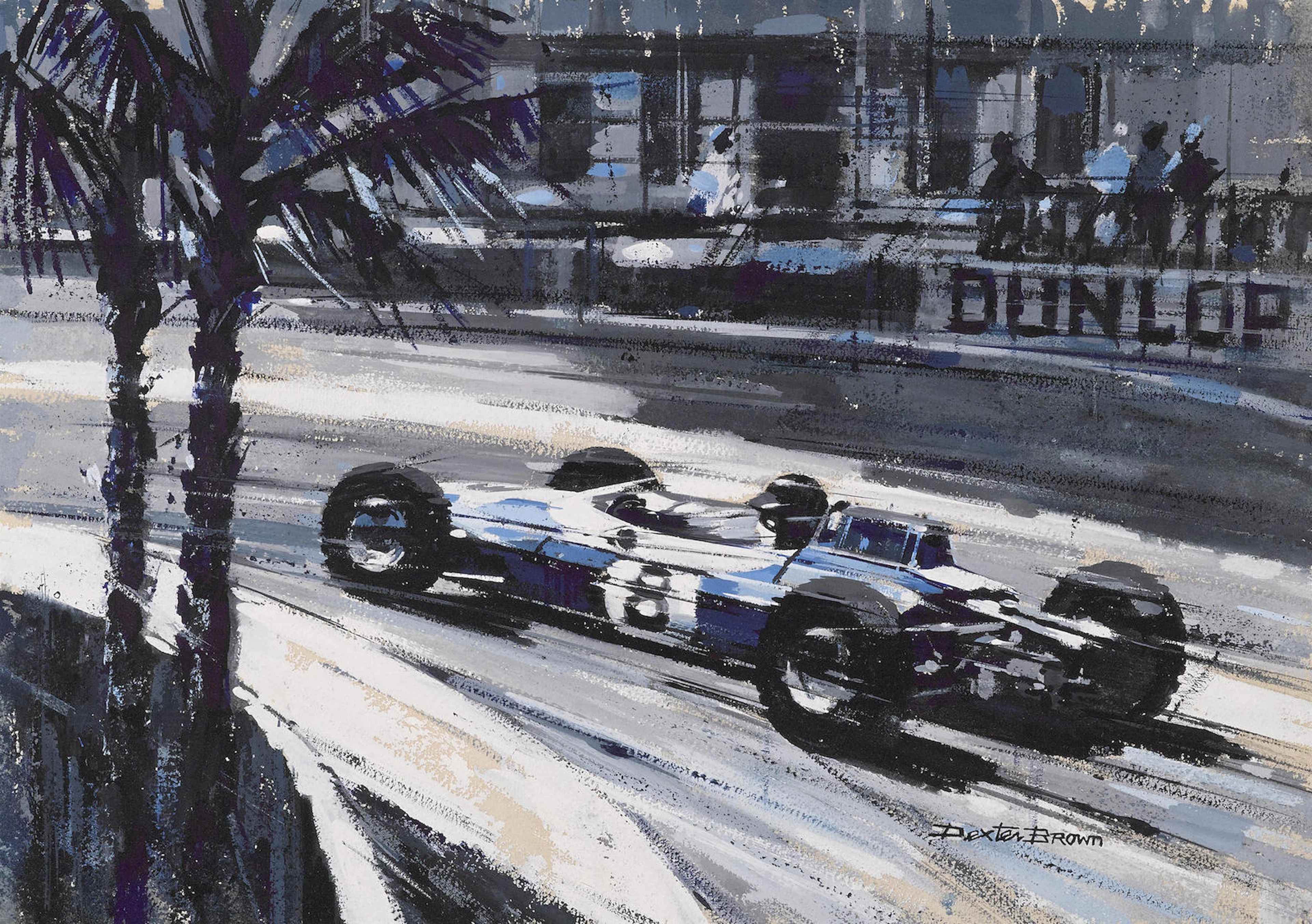 Dexter Brown (1942- ): Racing line into the Station Hairpin at Monaco, painting Visual image 17½ x 12½ ins.; overall 27 x 22 ins.