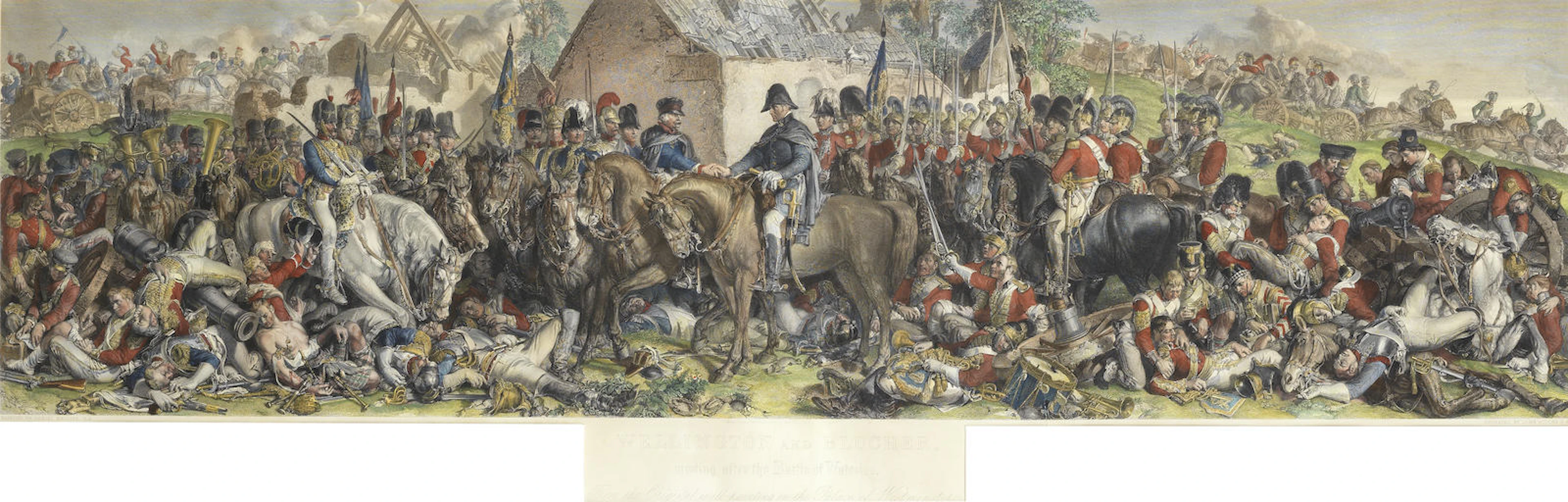 After Daniel Maclise Wellington and Blucher Meeting after the Battle of Waterloo Handcoloured engraving, 1872, engraved by Lumb Stocks, R.A