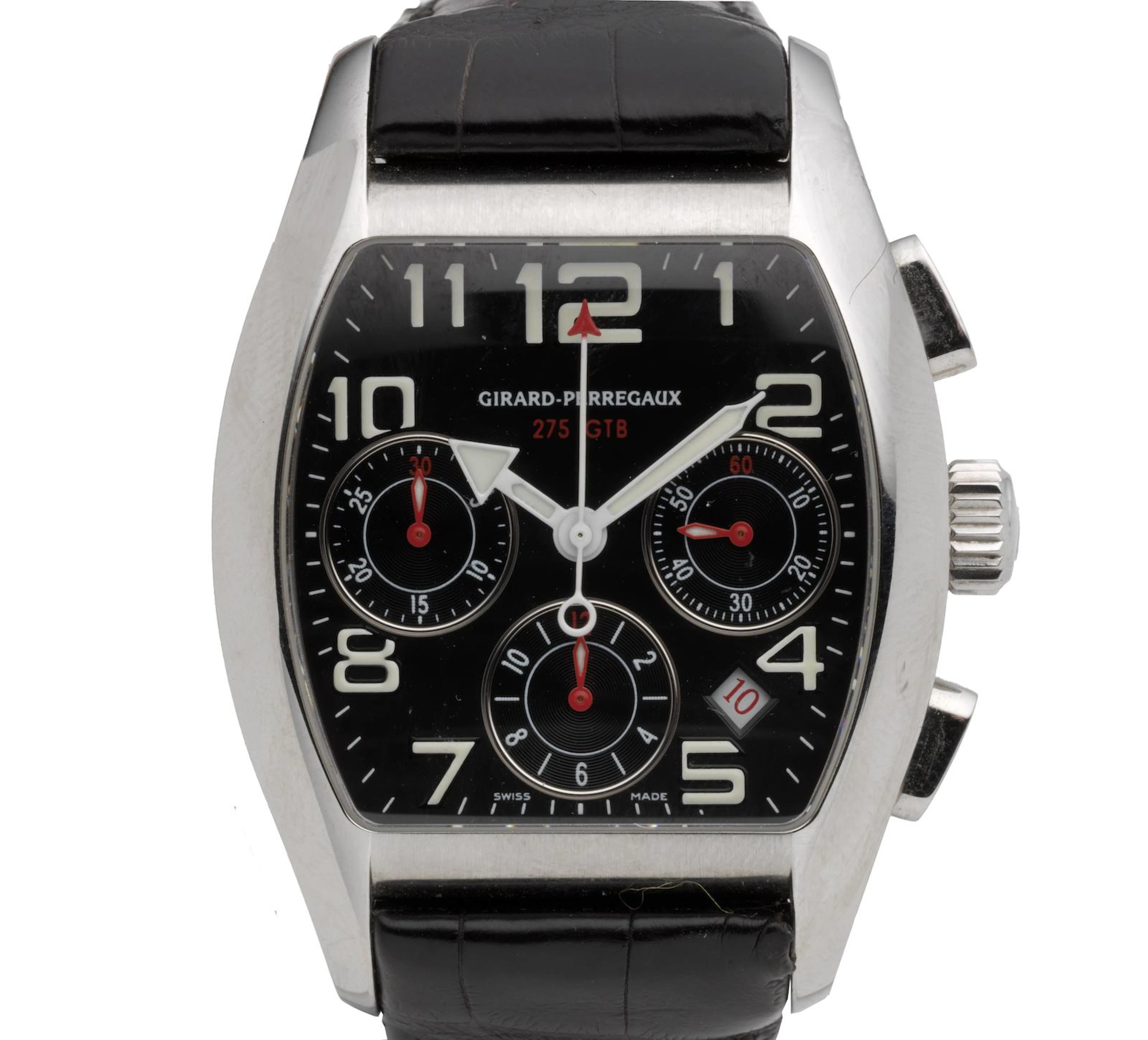 Girard-Perregaux : rare montre bracelet chronographe automatique « Ferrari 275 GTB » en acier inoxydable, édition limitée avec calendrier, édition n° 186/275, référence 27650, circa 2004