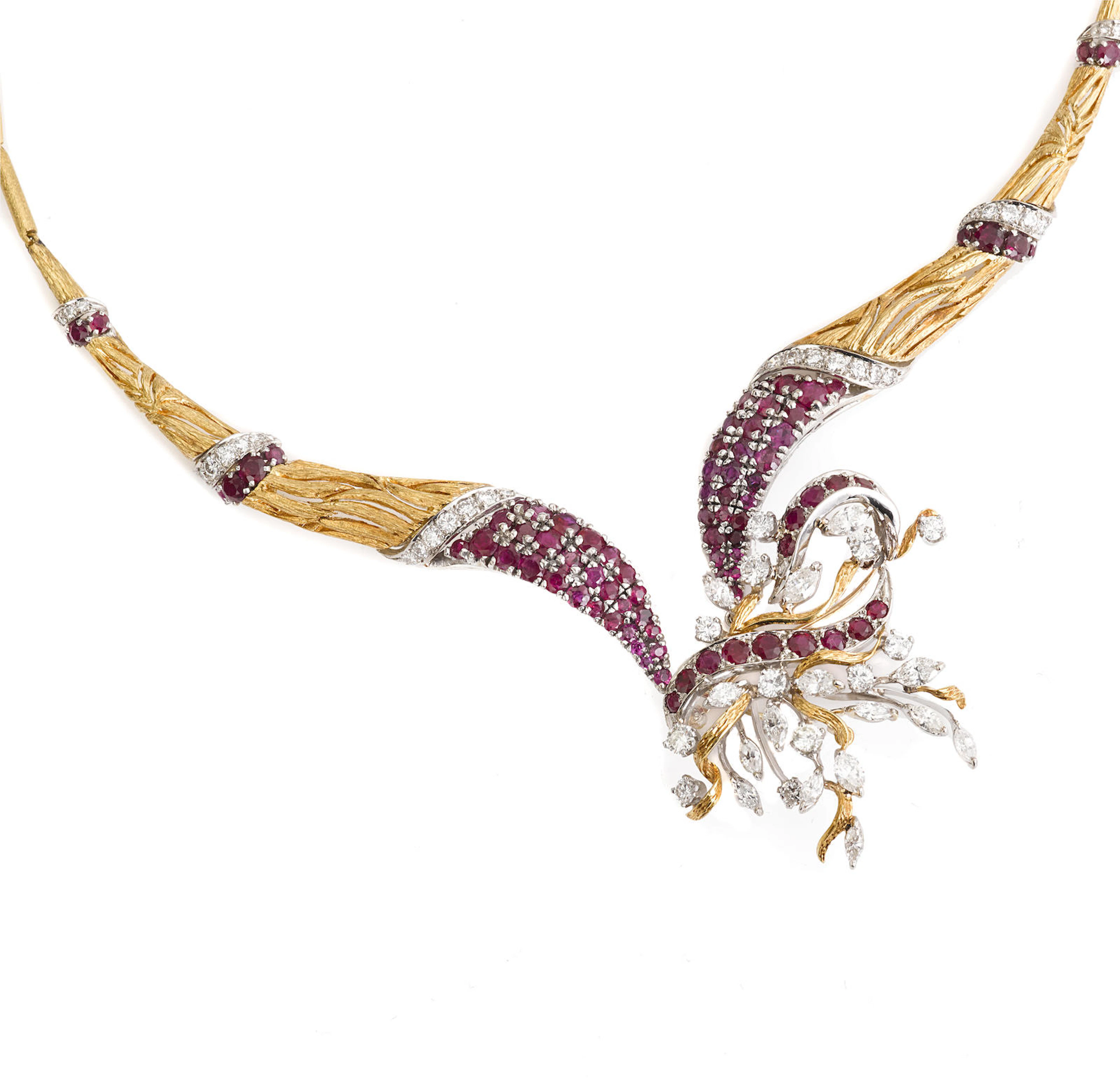 A diamond, ruby and bi-color gold pendant necklace