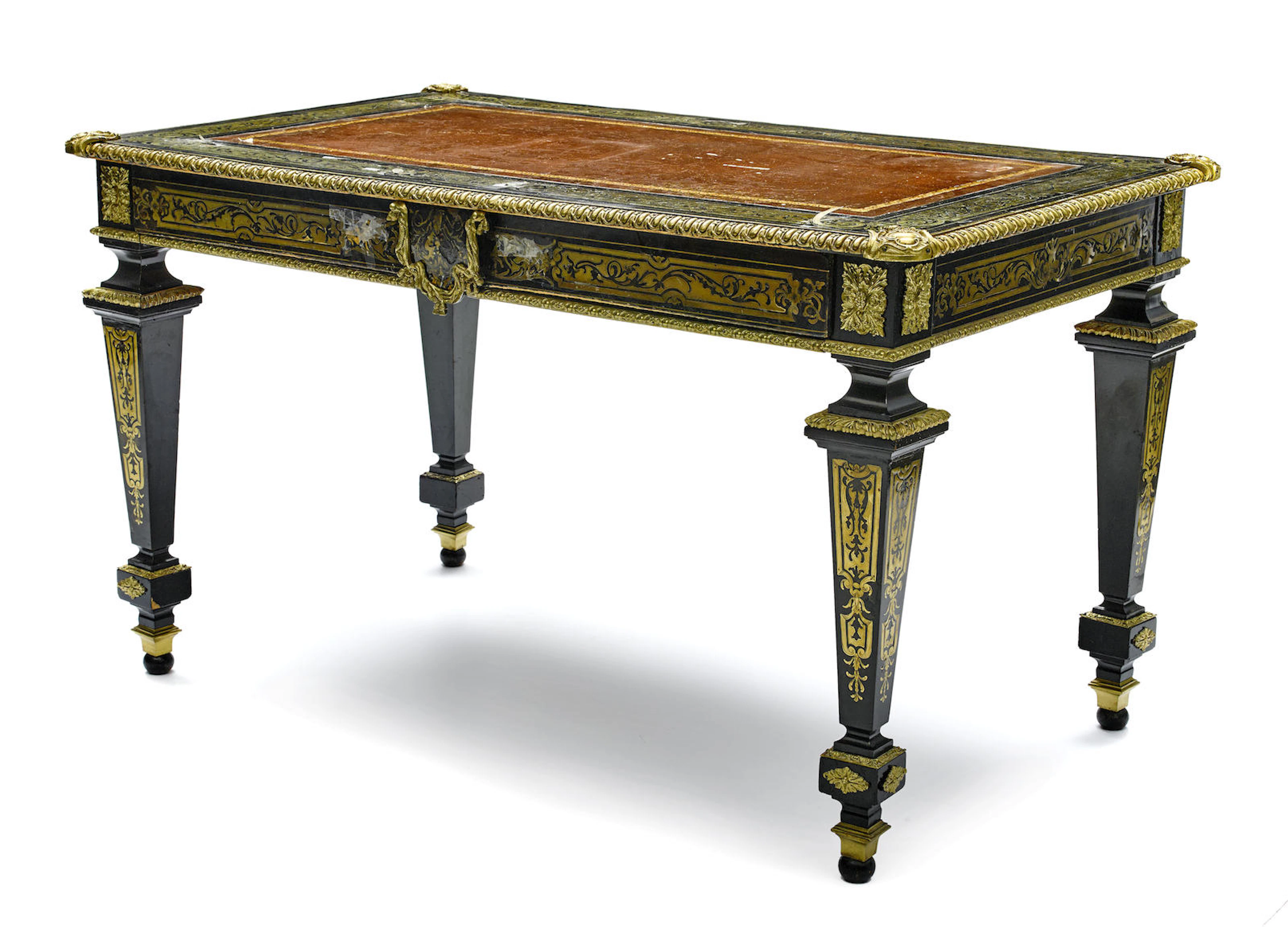 A Régence style gilt bronze mounted cut brass inlaid ebonized bureau plat late 19th century