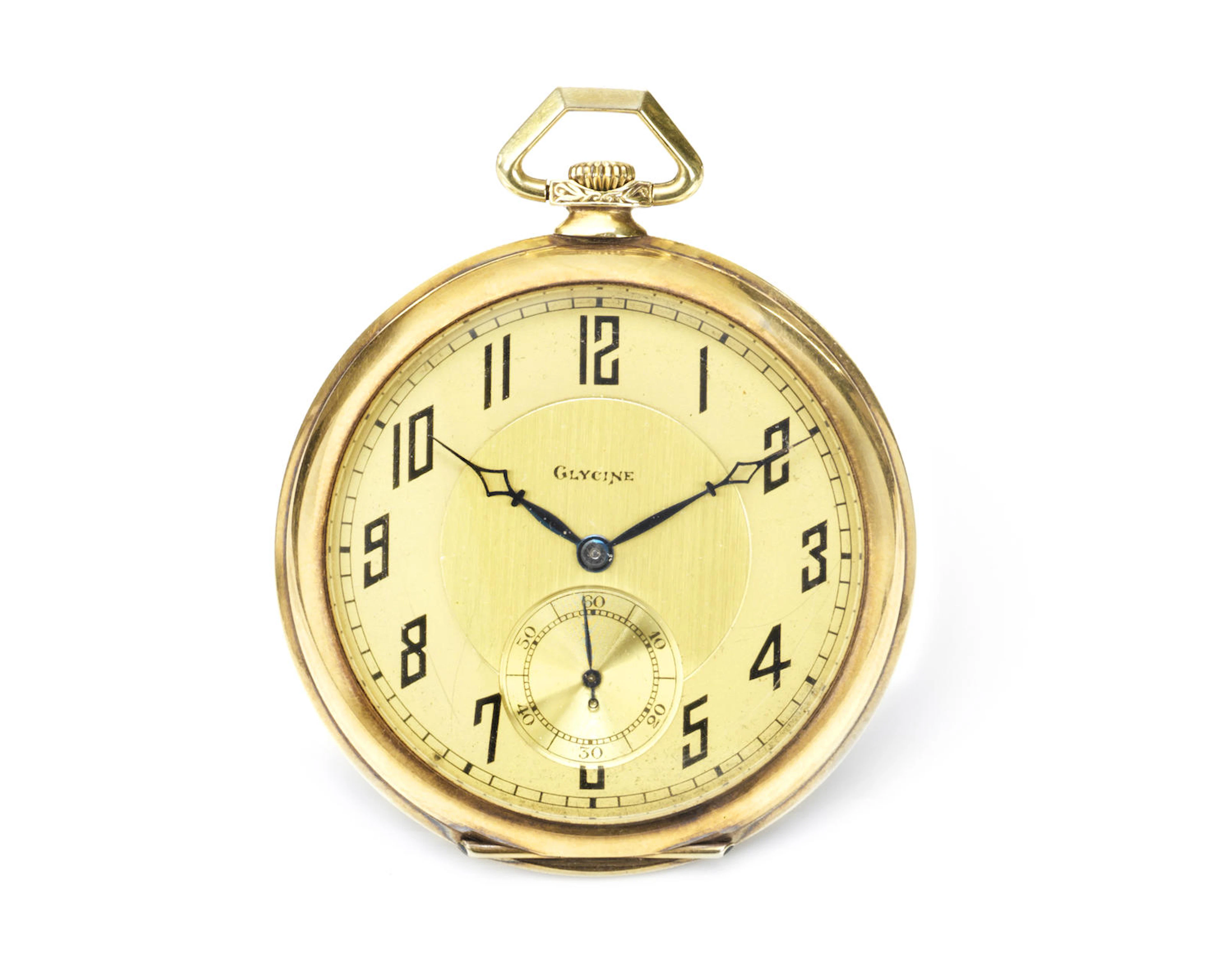 A gold Glycine pocket watch presented to Jimmy Simpson for victory on AJS at the 1927 Swiss Grand Prix,