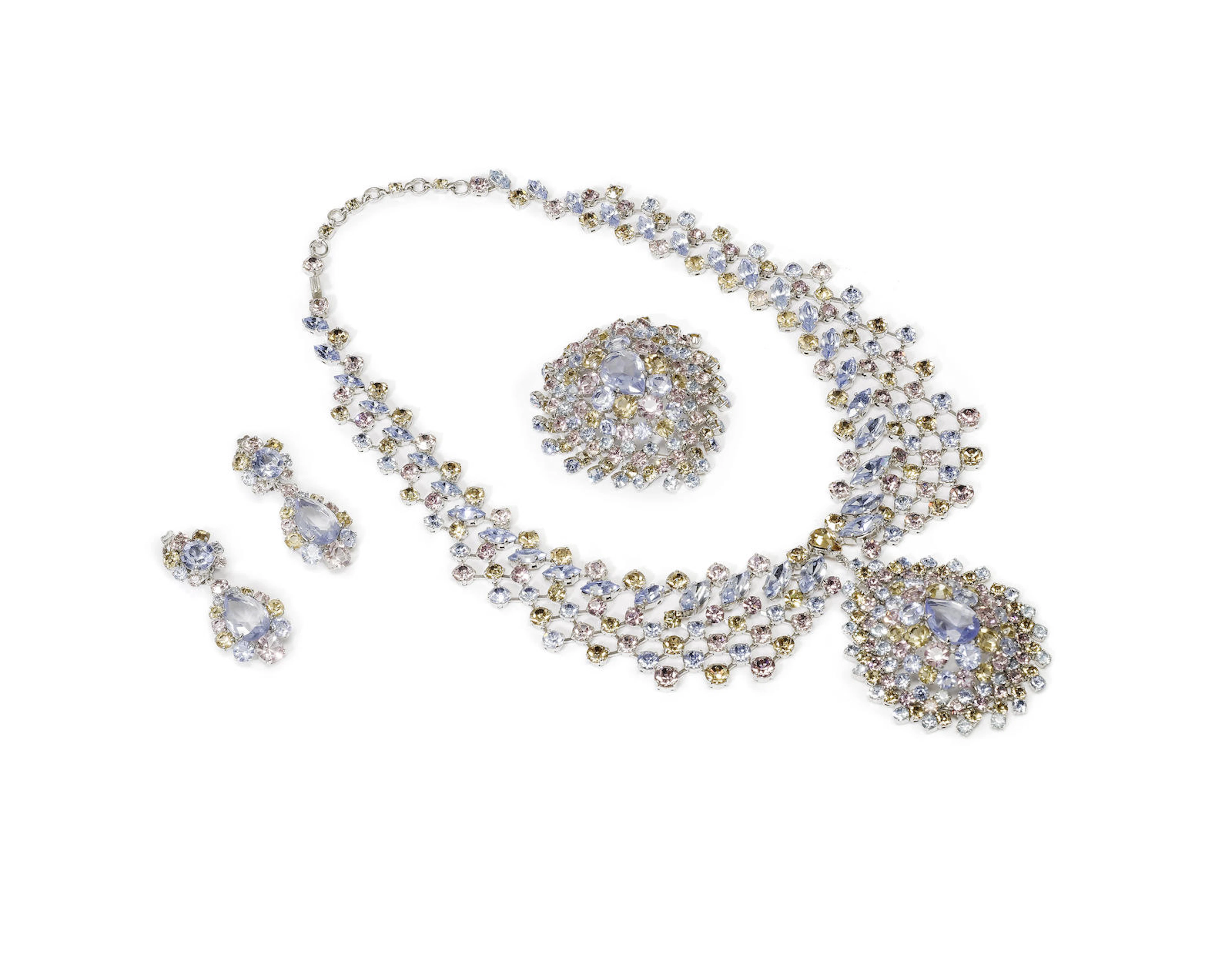 Joan Crawford: A blue, pink and amber coloured costume necklace, brooch and earrings set, Christian Dior, dated 1961, 4