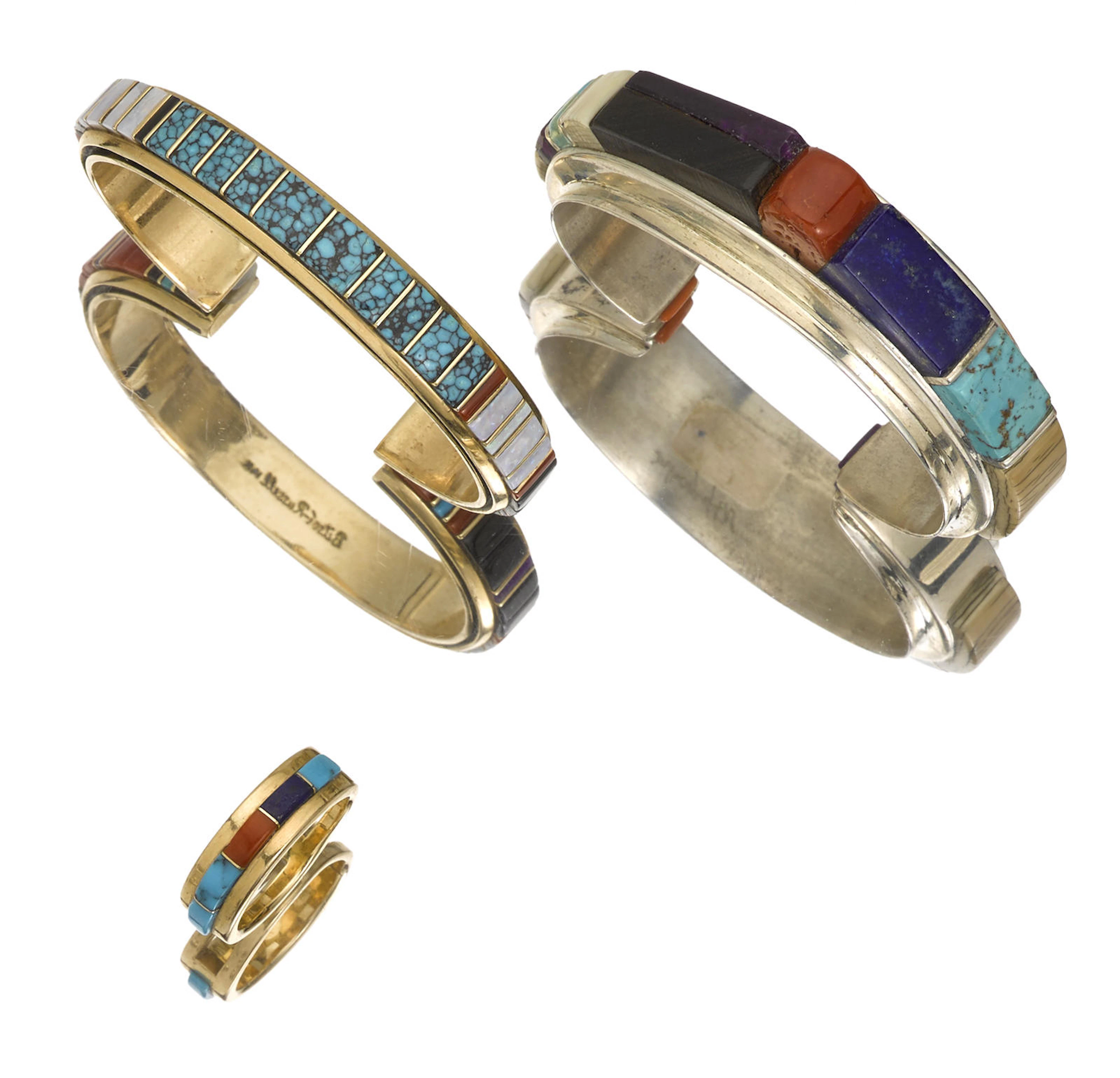 Three Southwest mosaic jewelry items