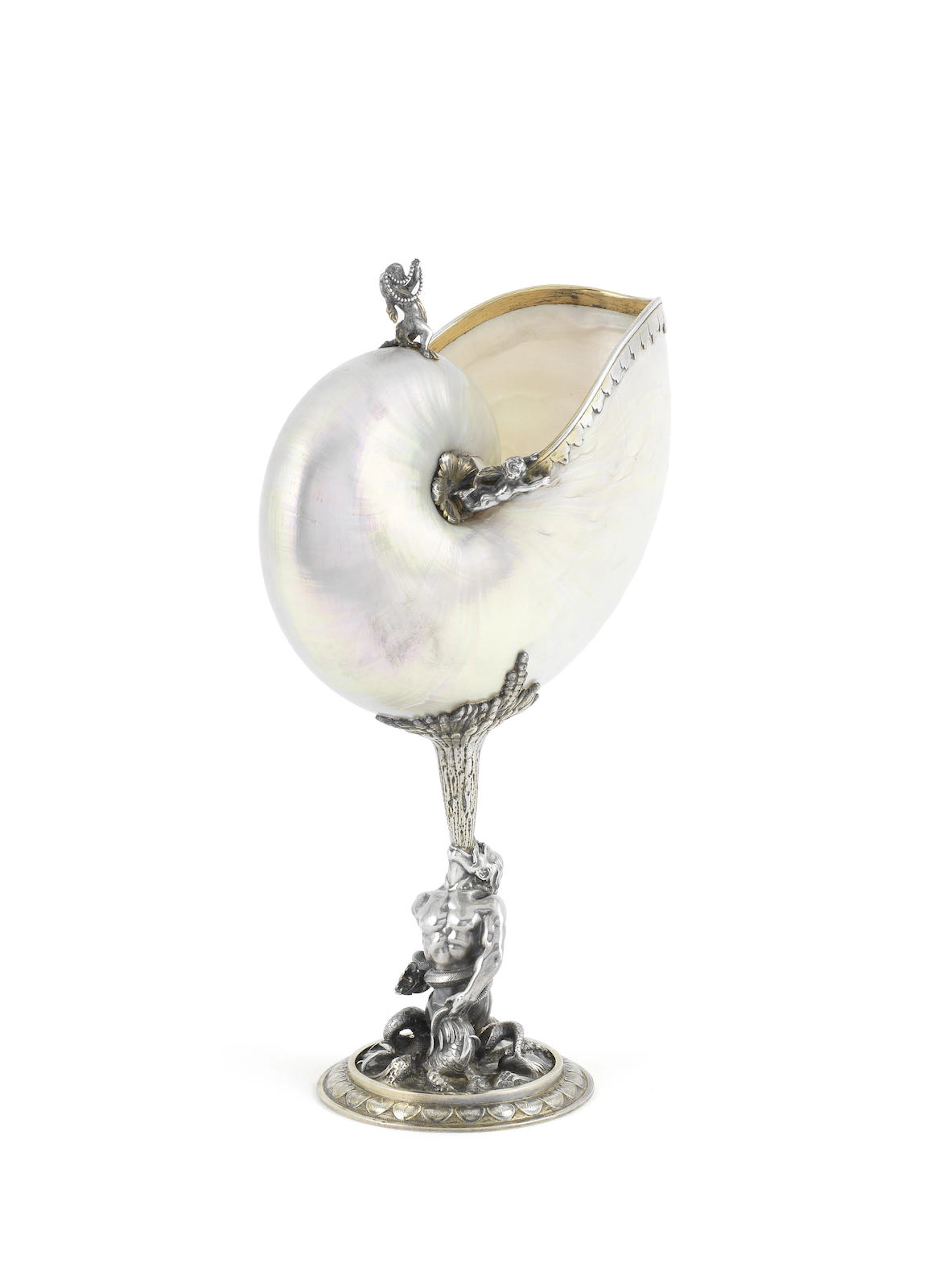 A 19th century French silver and silver-gilt mounted nautulus cup by Jules Wièse, Paris circa 1860, also stamped 'WIESE'