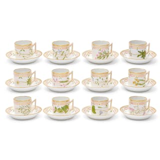 A set of twelve Royal Copenhagen porcelain Flora Danica coffee cups and saucers date codes for 1962-64