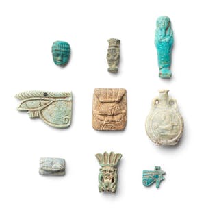 Eight Egyptian faience objects together with an Egyptian...