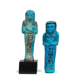 Two Egyptian bright blue glazed faience shabtis: for the woman, Nest-neb-tawy