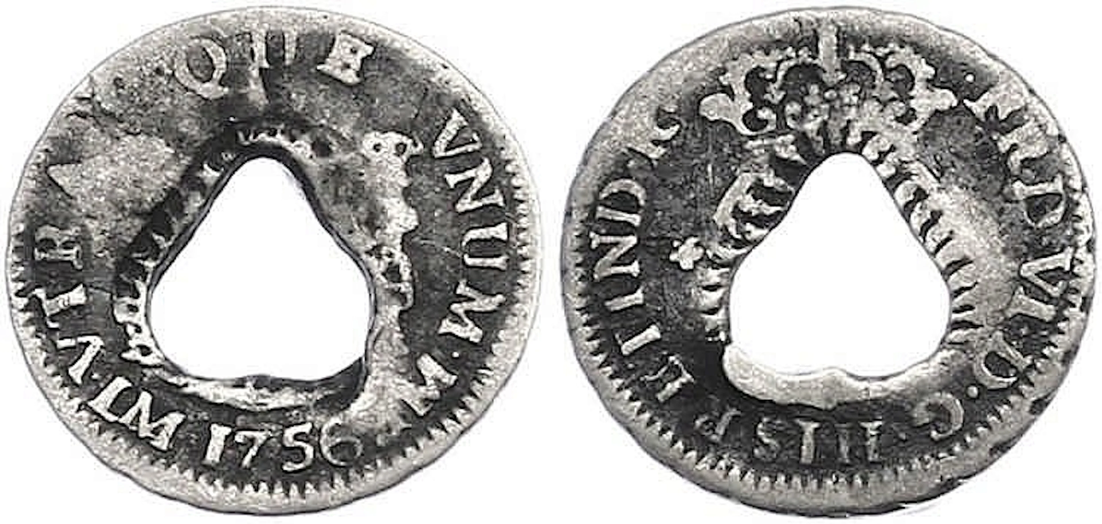 Dominique. Occupation anglaise. 1/2 Bit type IV sur un 1/2 Réal 1756 Lima,