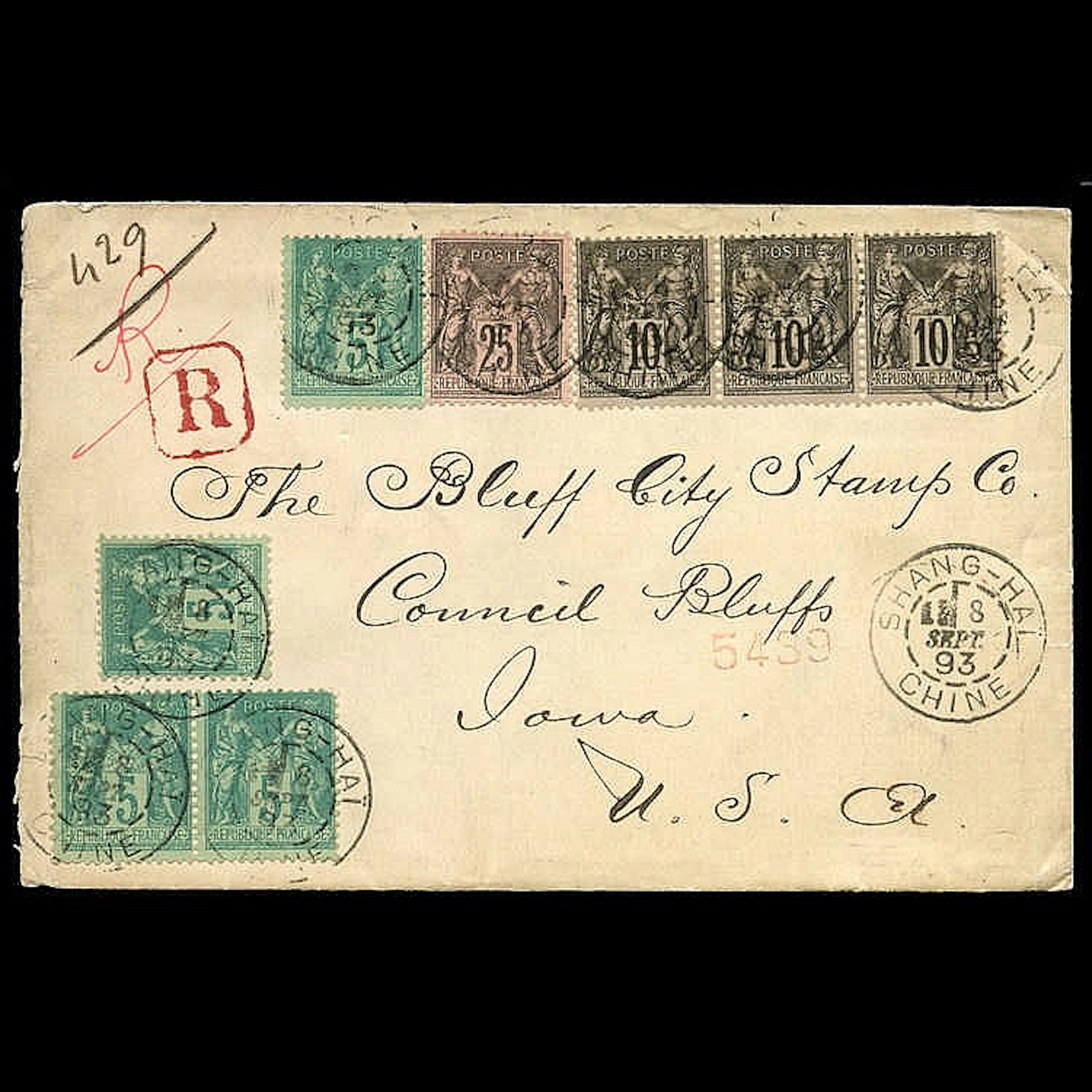 Chine, France, 1876-78, 5 c. vert, 4 exemplaires, 10 c. noir s. lilas en bande de 3 et 25 c. noir s. rose OB C