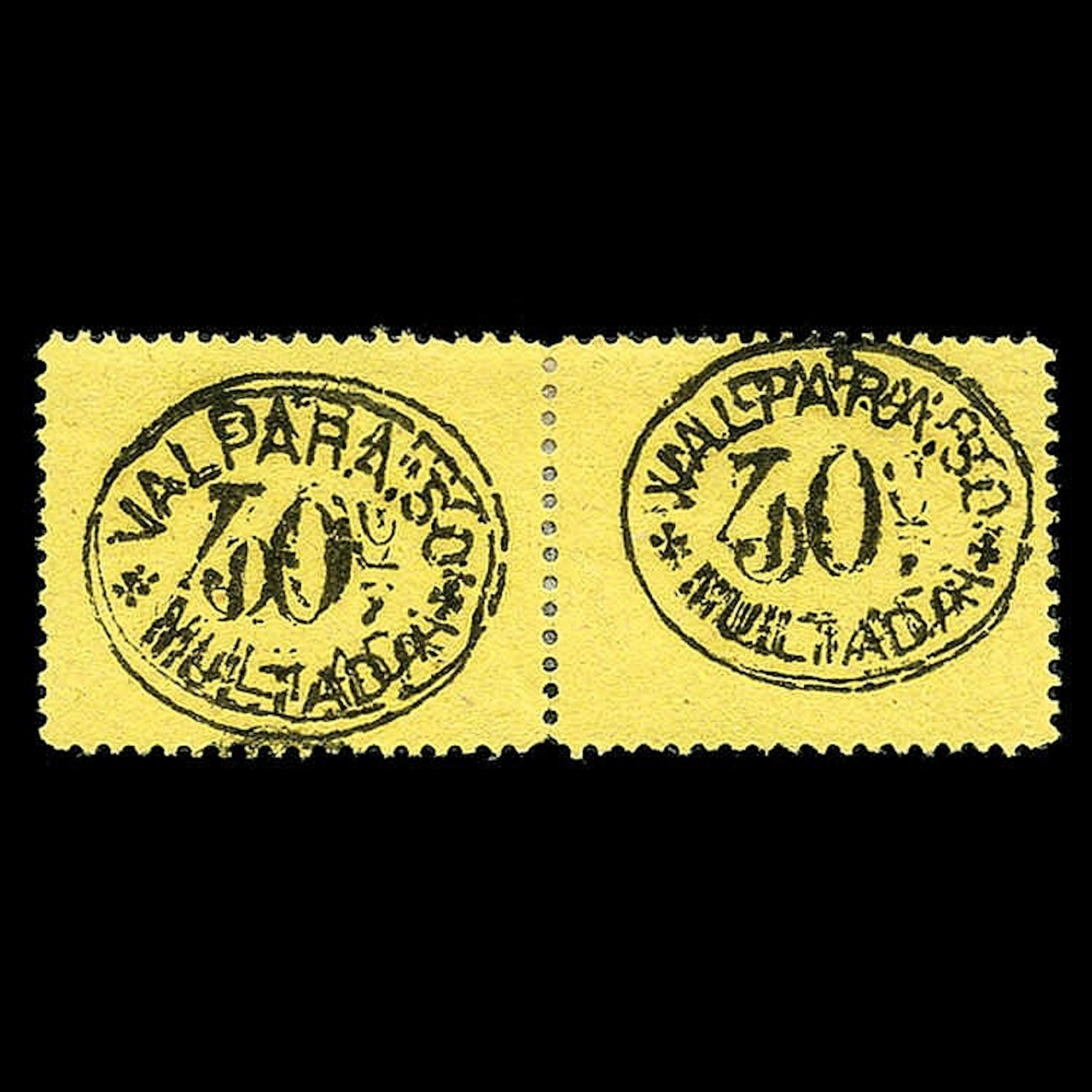 Chili, Taxe, 1894, Paire horizontale sur papier jaune montrant une double impression sur chaque exemplaire des 30c et 40 c., neufs avec gomme d'origine