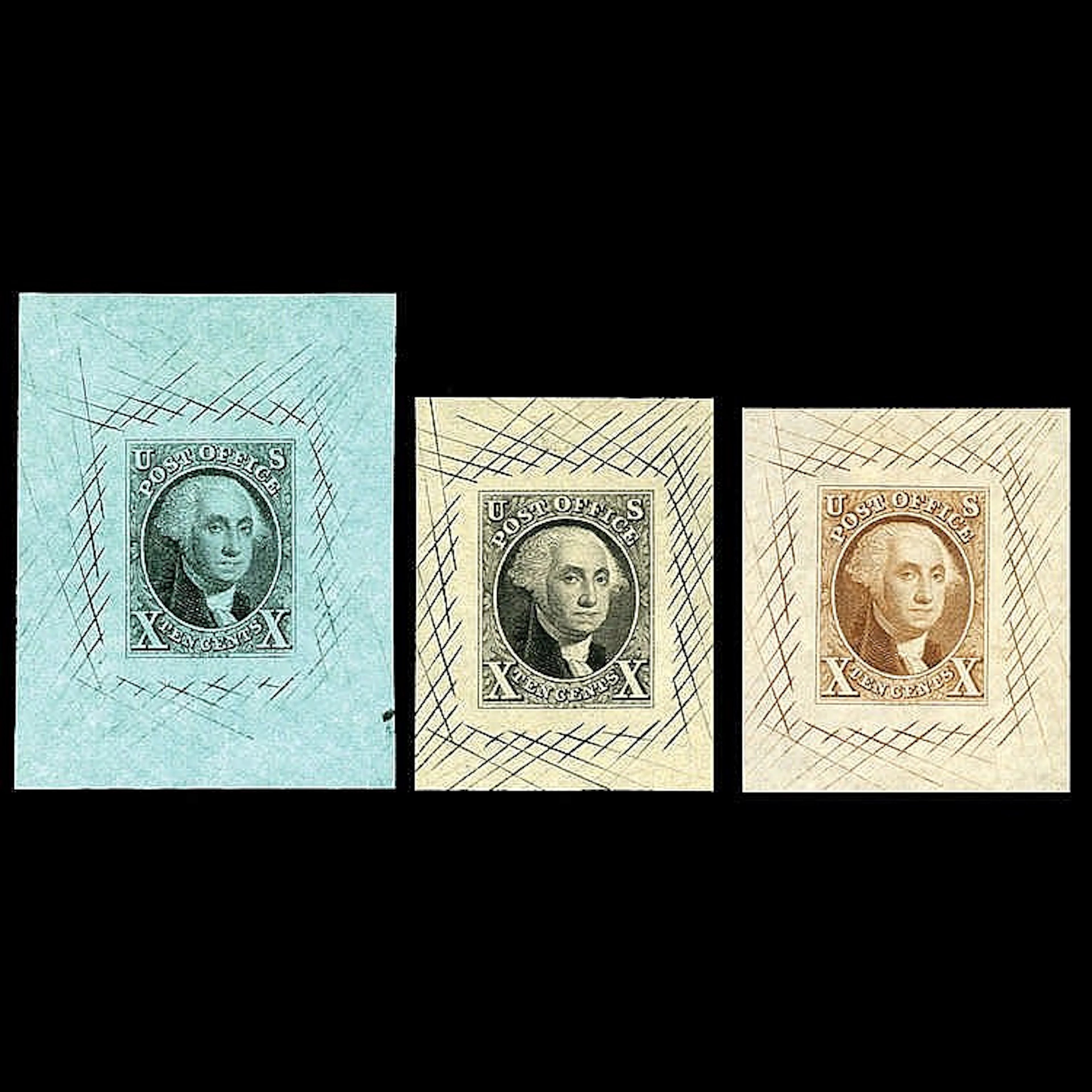 USA, 1847, 10c Washington (S.2), 3 épreuves différentes avec guillochageà l'extérieur du timbre, brun et noir sur papier jaune, noir sur papier vert TB