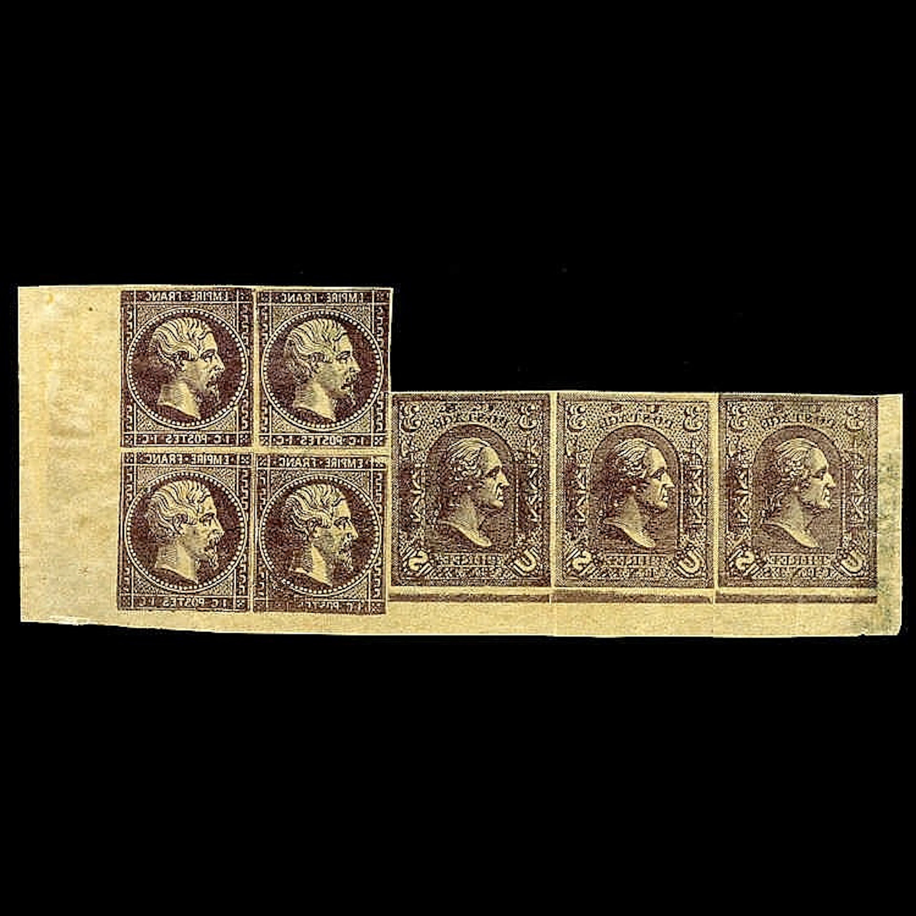 USA, Projet Lowenberg, Essai en violet-noir sur papier pelure avec 1c Napoléon en bloc de 4 tenant au 3c des Etats-Unis en bande de 3 (S.79-E9) (les 2 timbres inversés)