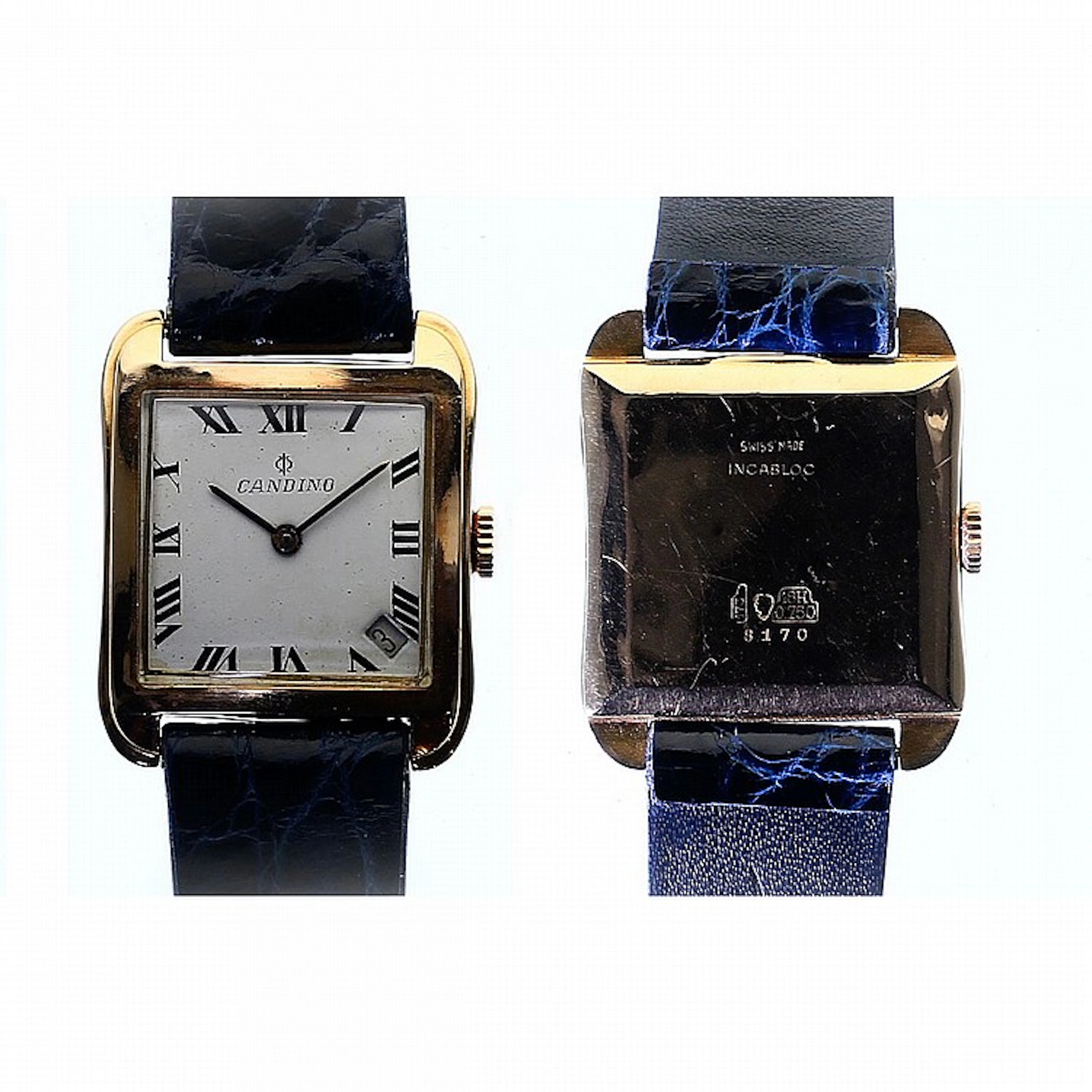 Candino, n° 8170, vers 1960.Montre en or 18 carats, cadran argent, chiffres romains, aiguilles acier noirci, date à 16h. Mouvement mécanique à remontage manuel. Dim. 34 x 28 mm - P.B. 22 g
