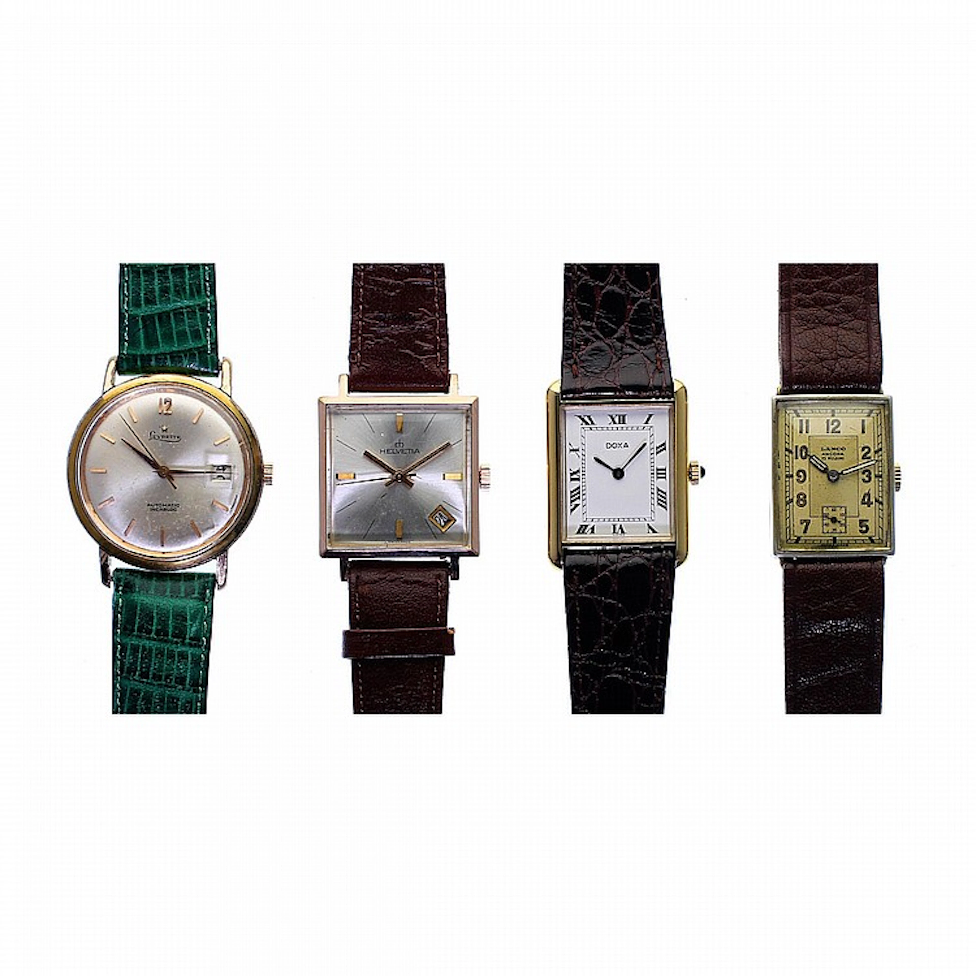 Lot de 4 montres plaquées or, mouvements mécaniques, vers 1950/80.Helvetia, Levrette automatic, Doxa, Lanco