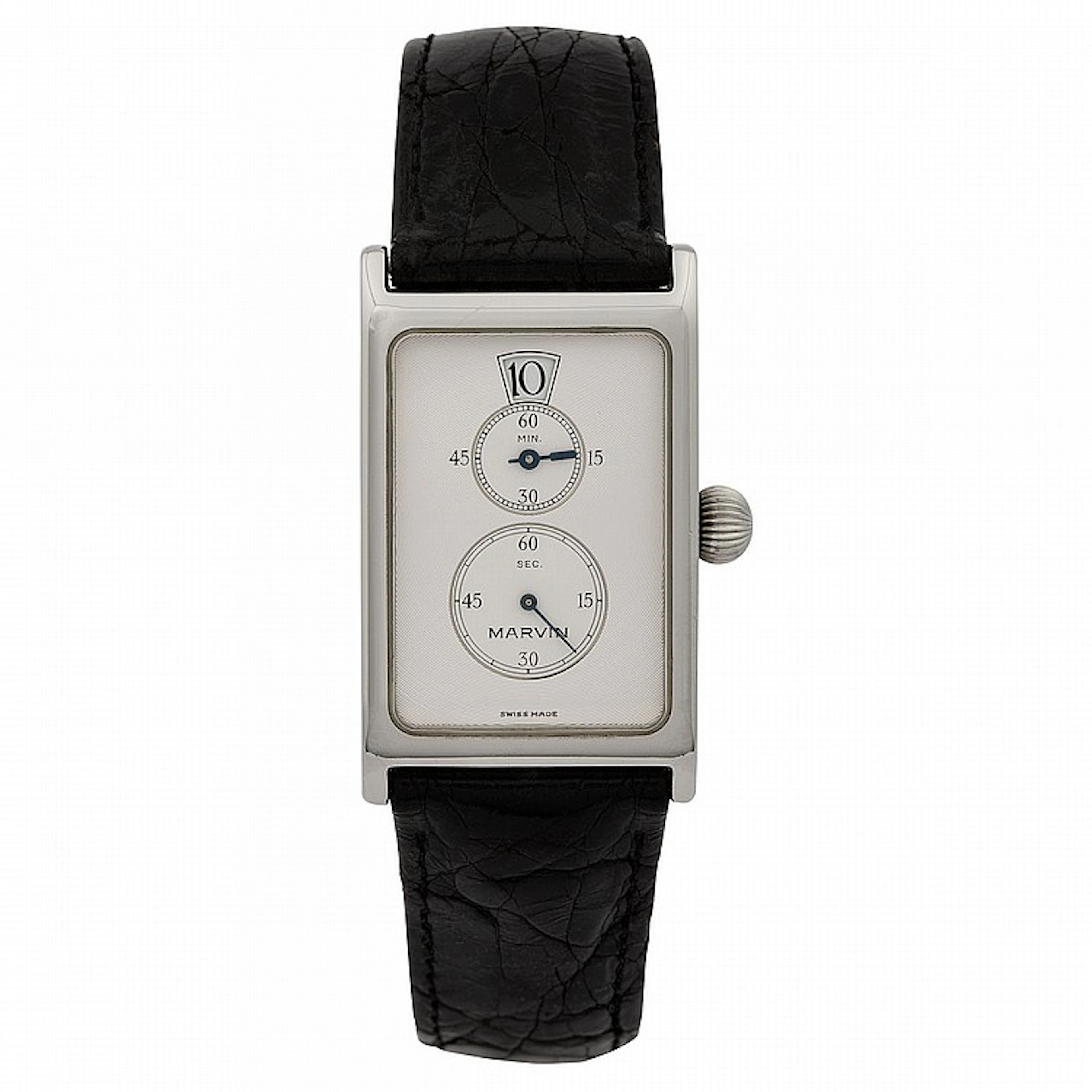Marvin, Edition limitée no. 017/100, n° 5210001, vers 1990.Montre en acier à heures sautantes. Cadran argenté, indications heures en fenêtre et minutes, secondes par aiguilles