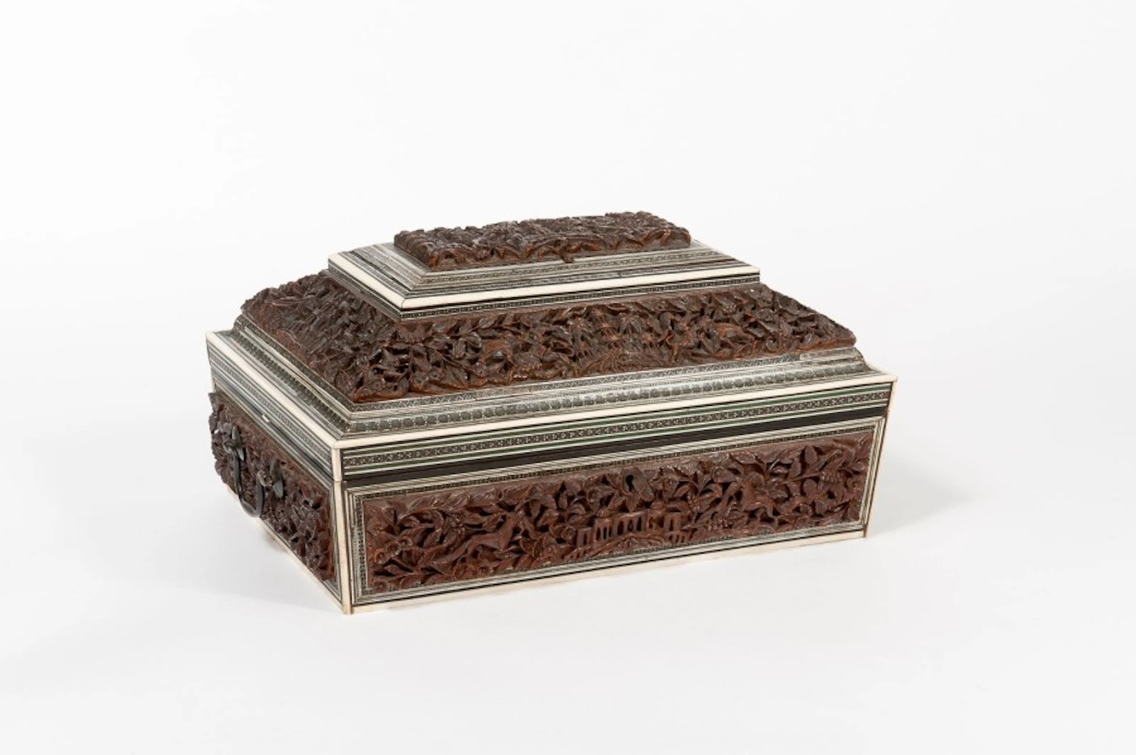 Impressive sandalwood sewing box in the shape of a sarcophagus