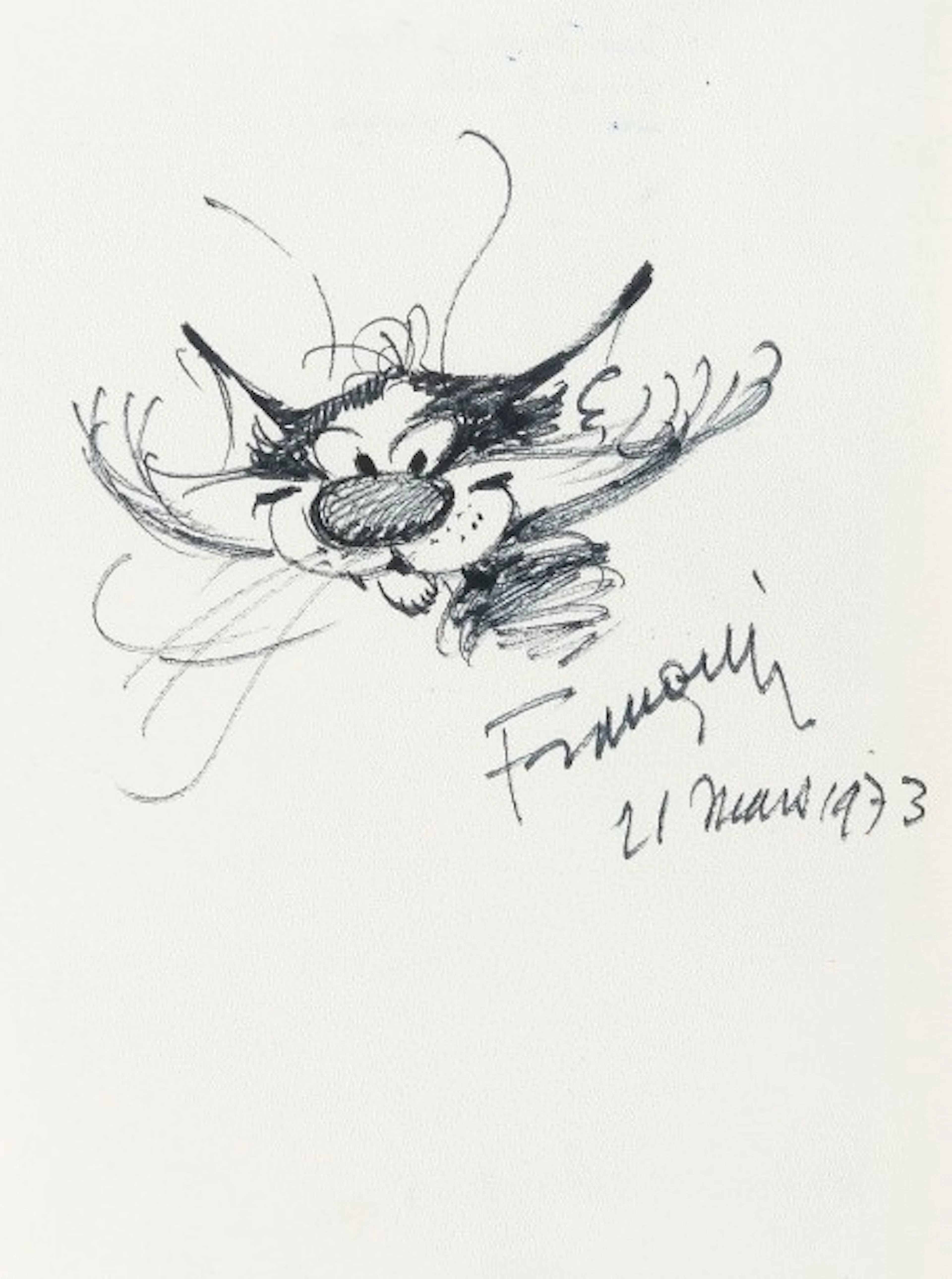 Franquin - dédicace: Superbe dessin (1973) sur feuille libre...
