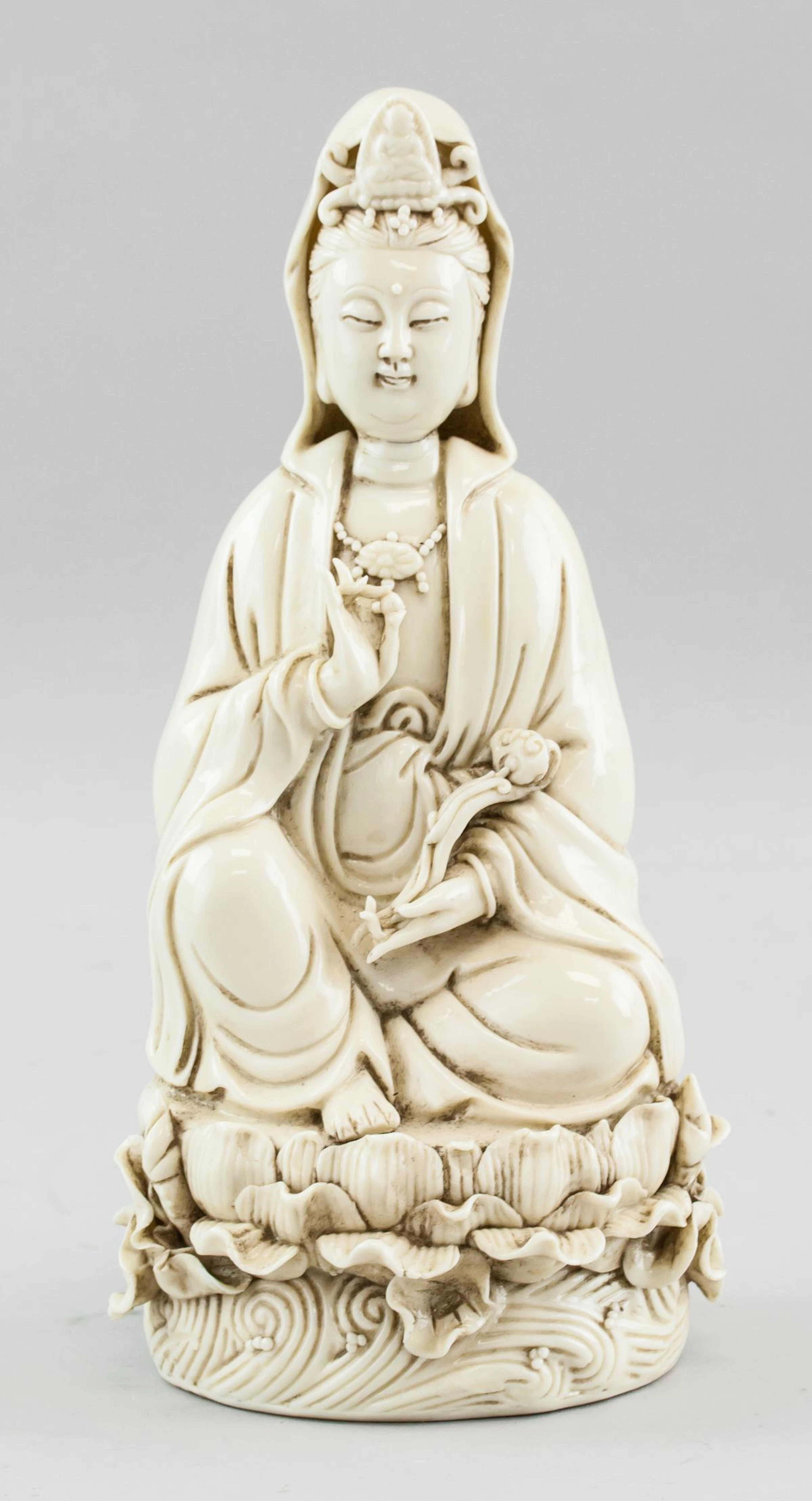 Chinese Dehua White Porcelain Guanyin Statue He Ch