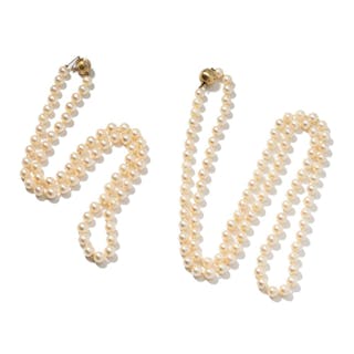Two Assorted 14 Karat Yellow Gold, Diamond, and Cultured Pearl Necklaces