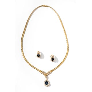 14 Karat Yellow Gold, Diamond and Sapphire Necklace and Earrings