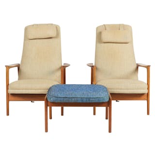 Pair of Danish Modern Teak Recliner Chairs and One Ottoman