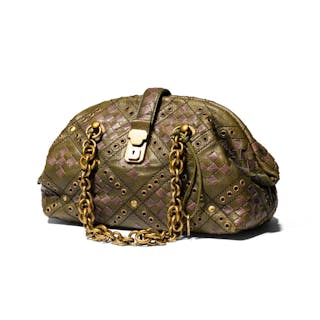 Bottega Veneta Green and Purple Leather Bowler Handbag