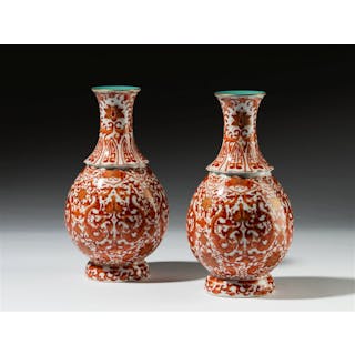 Pair of Chinese Red and White Glazed Porcelain Vases
