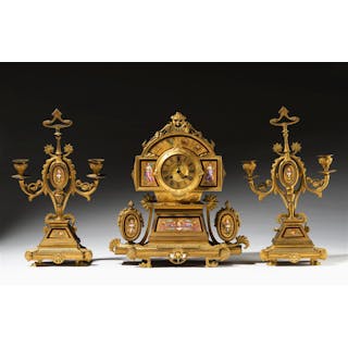 French Empire-Style Gilt Bronze Three-Piece Clock Garniture
