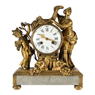 Continental Gilt Metal and Marble Figural Mantel Clock