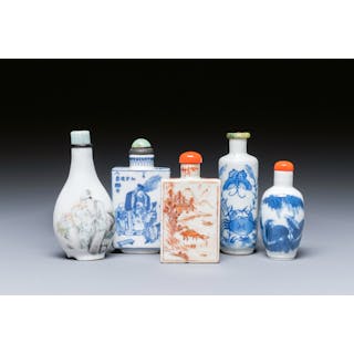Five Chinese blue and white, iron-red and qianjiang cai snuff bottles