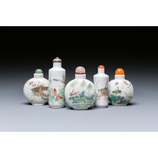 Five Chinese famille rose 'grasshopper' and 'butterfly' snuff bottles