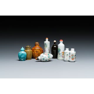 Four Chinese famille rose snuff bottles and four others in hardstone