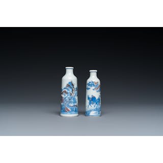 Two Chinese blue, white and copper-red snuff bottles, 19th C.