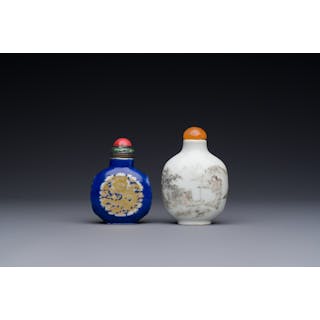 Two Chinese snuff bottles in blue-ground and grisaille-decorated porcelain