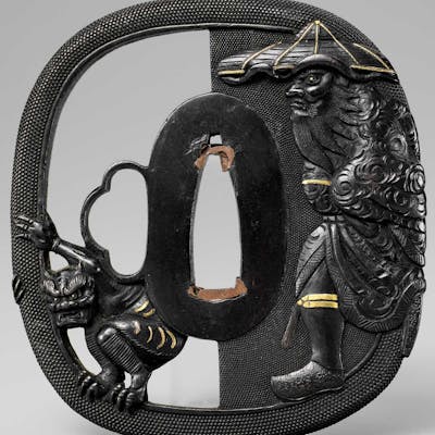 A SHAKUDO NANAKO TSUBA WITH SHOKI AND ONI Barnebys