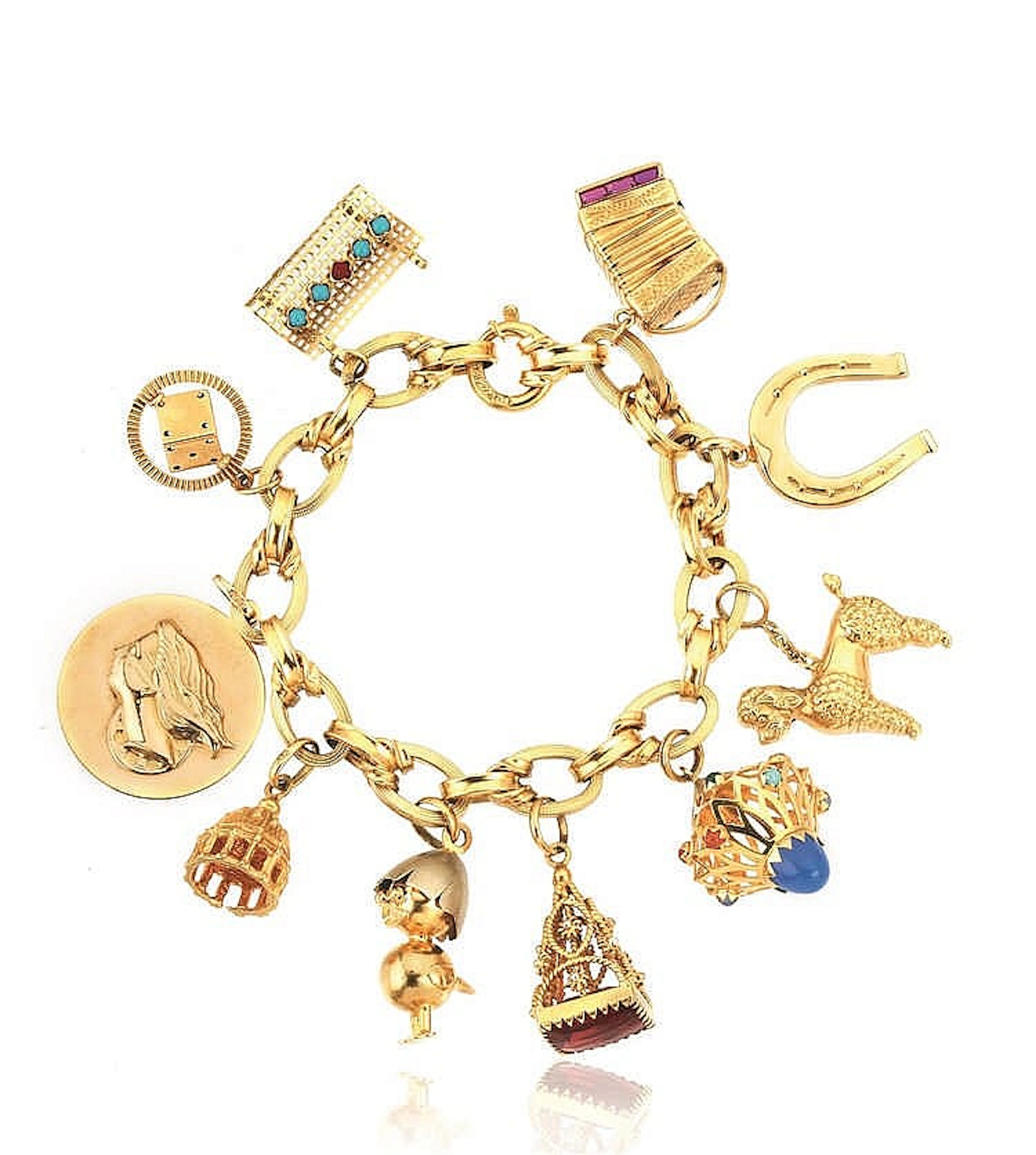 BRACCIALE CHARMS IN ORO GIALLO, PASTE VITREE, PASTA DI TURCHESE E RUBINI SI