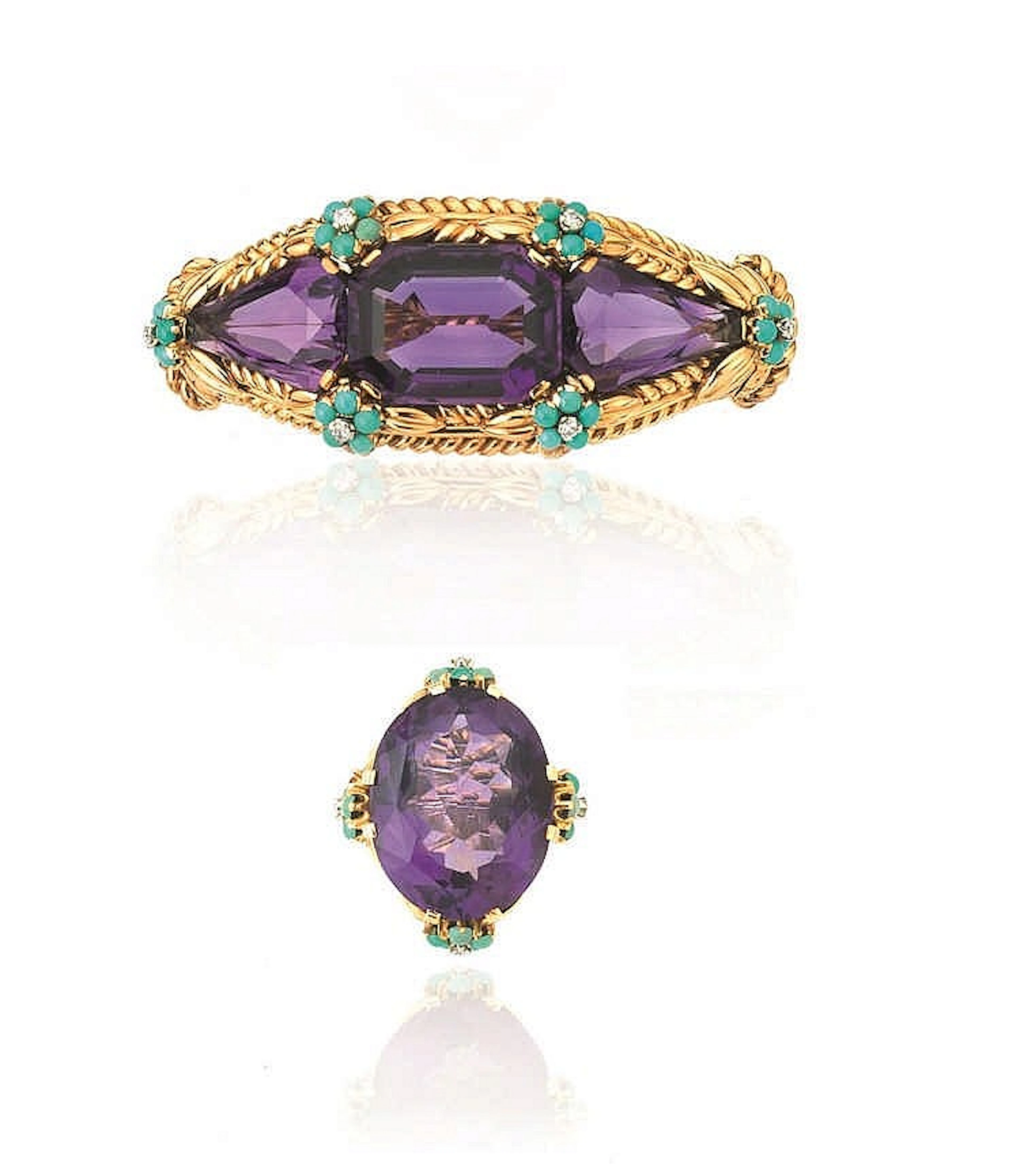 DEMI PARURE IN ORO ROSA A BASSO TITOLO, AMETISTA, TURCHESE E DIAMANTI COMPO