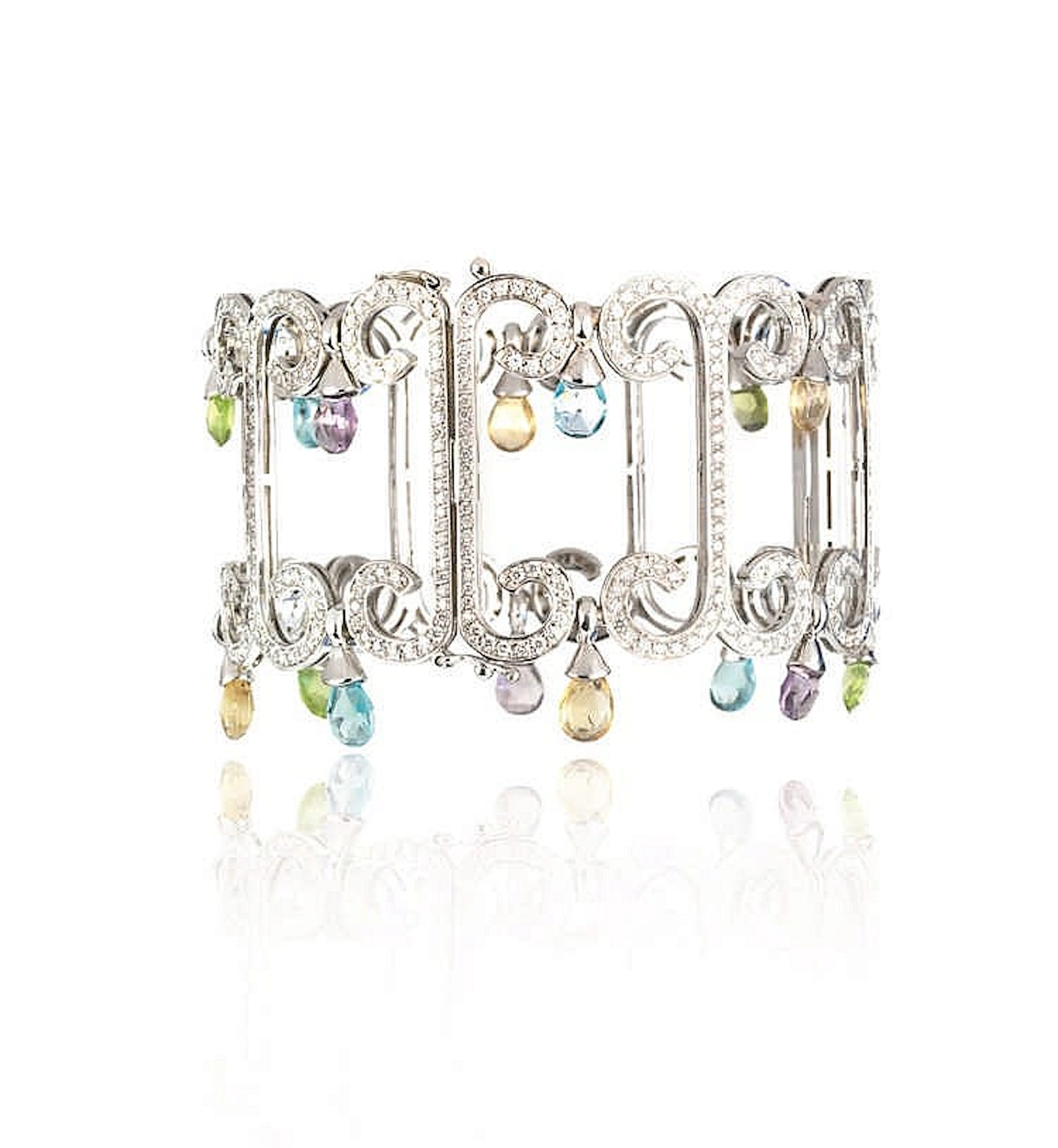 BRACCIALE IN ORO BIANCO, DIAMANTI E PIETRE SEMIPREZIOSEdisegnato come u